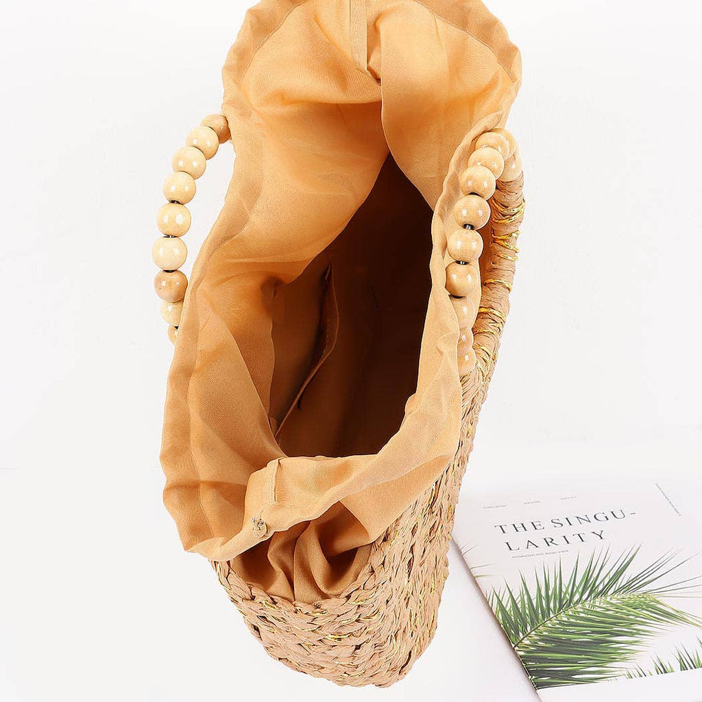 Handmade Faux Straw  Wood Beads Handle Tote Bag
