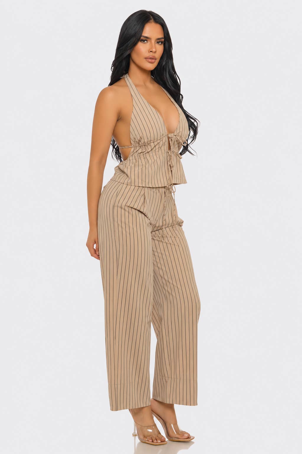 Stripe Spaghetti Tie Open Back Halter Neck Top Pants Set