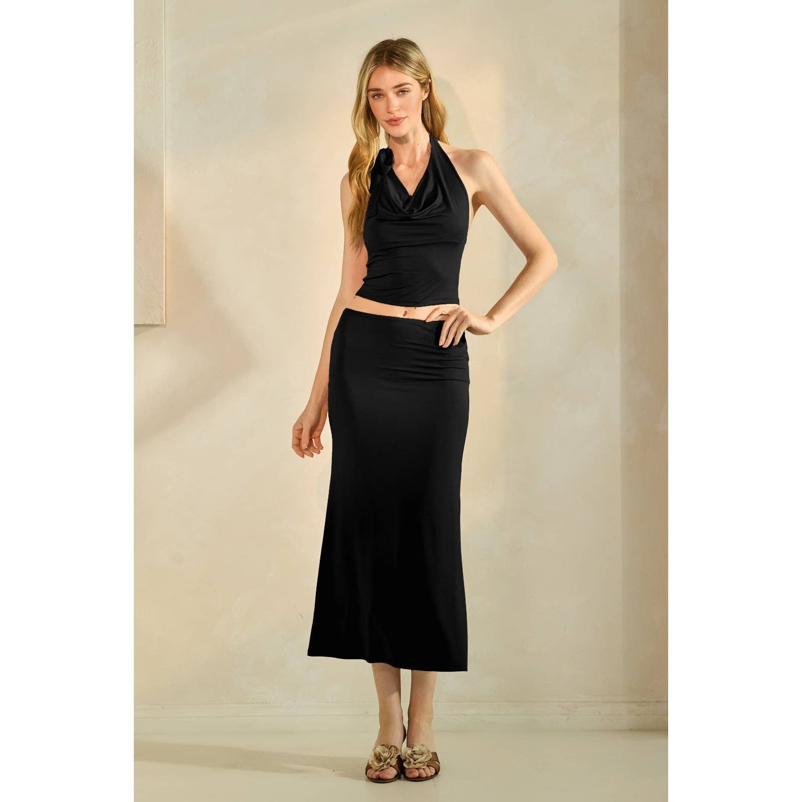 Drape Halter Top and Skirt Set