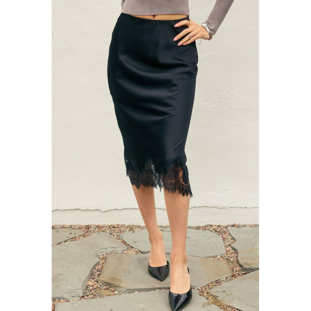 Satin Lace Hem Pencil Skirt
