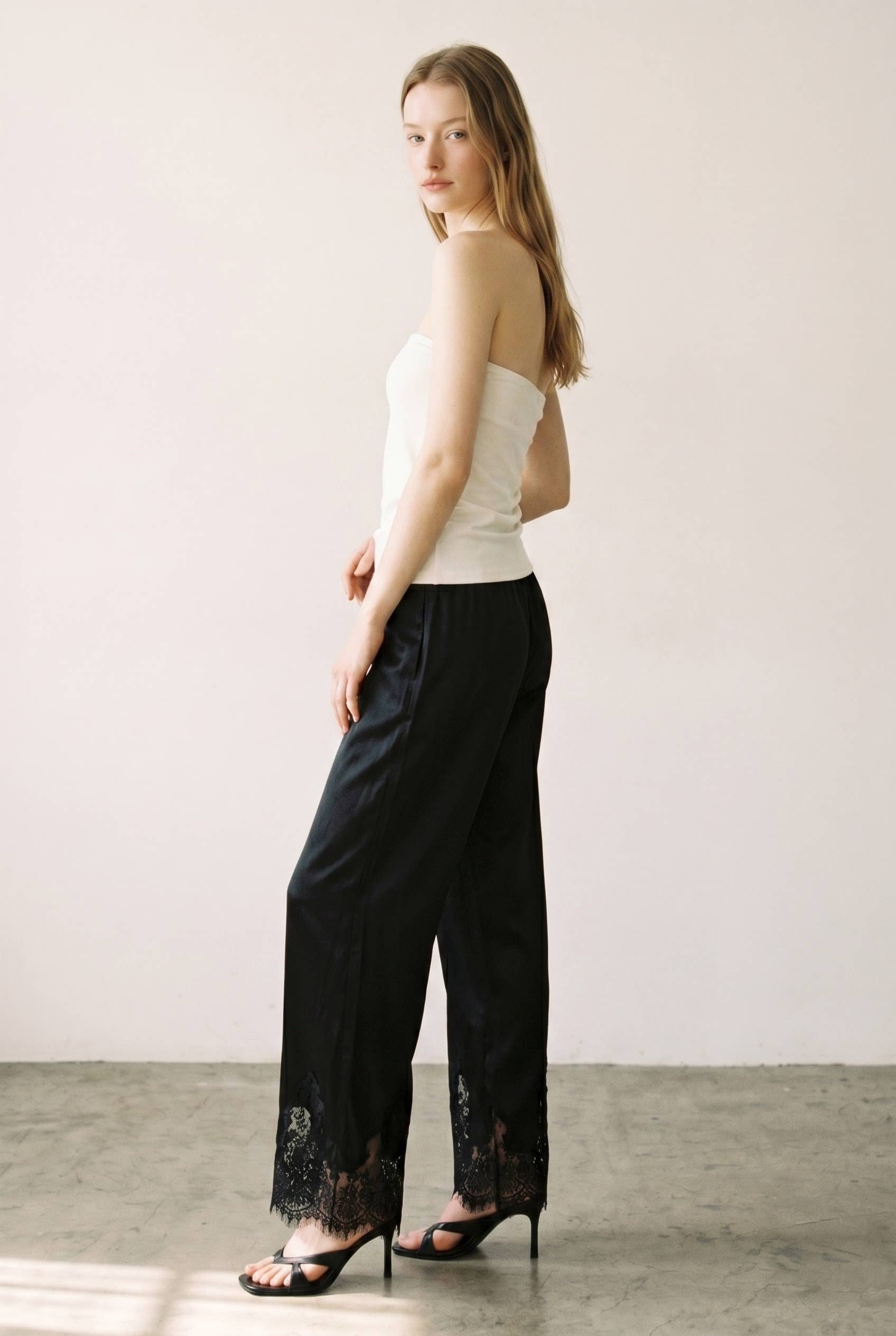 Satin Lace Trim Cropped Pants