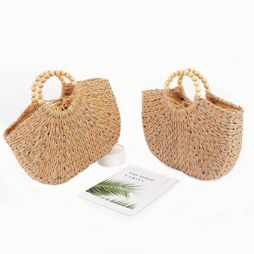 Handmade Faux Straw  Wood Beads Handle Tote Bag