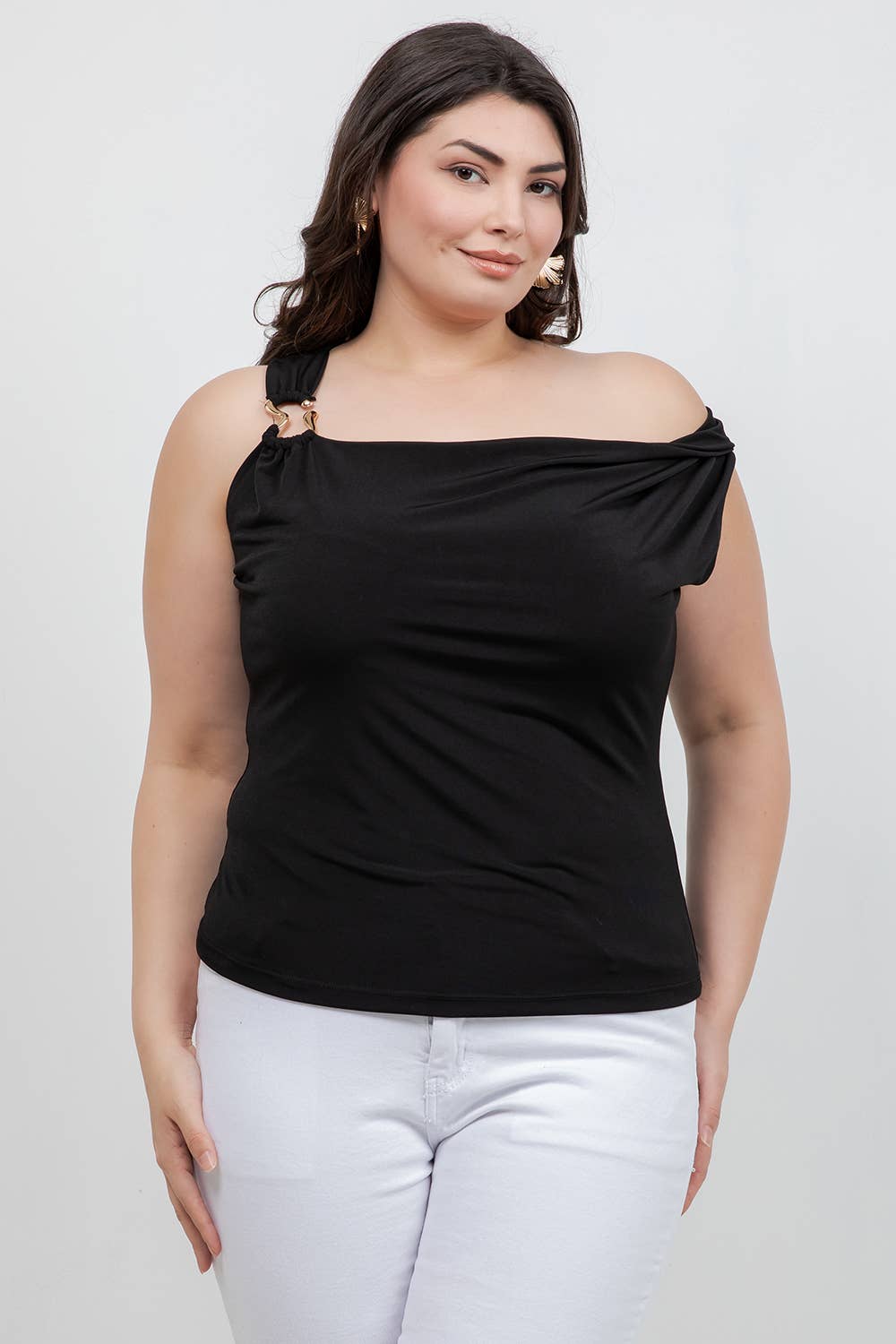 Plus Size One-Shoulder Hardware Detail Top JK19117-T