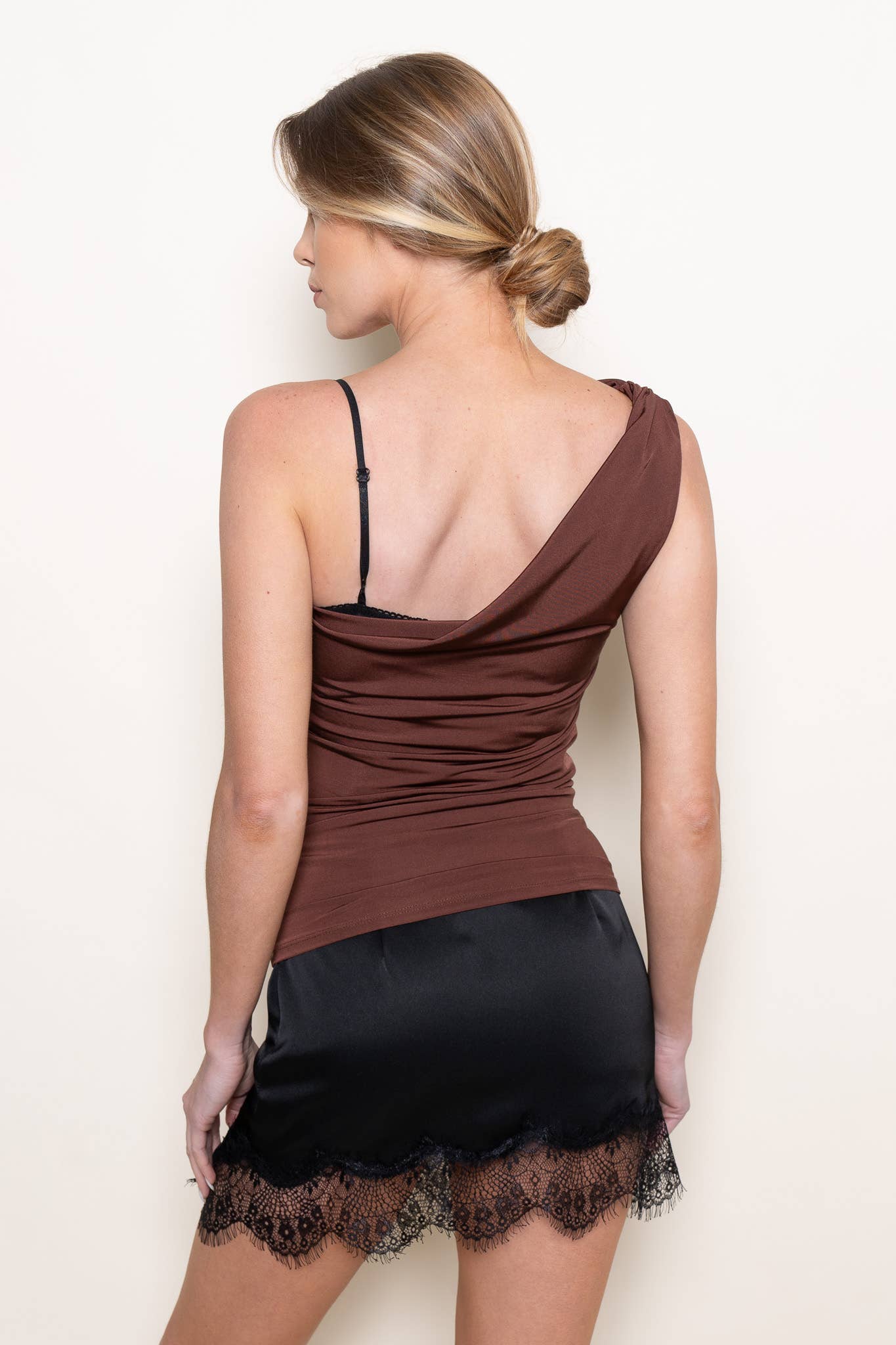 ONE SHOULDER DRAPE SLEEVELESS MESH BRA TOP-TI6581AFO