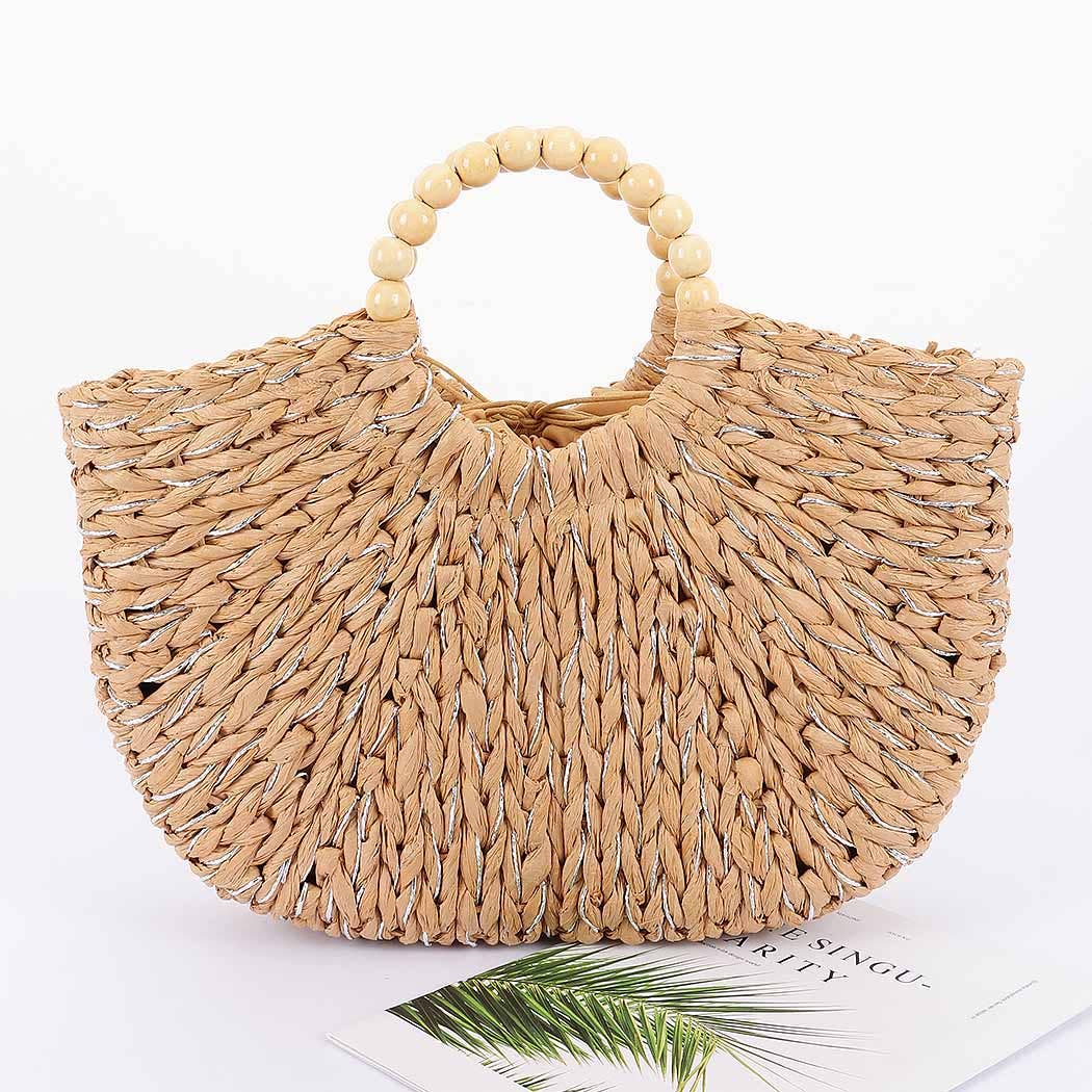 Handmade Faux Straw  Wood Beads Handle Tote Bag