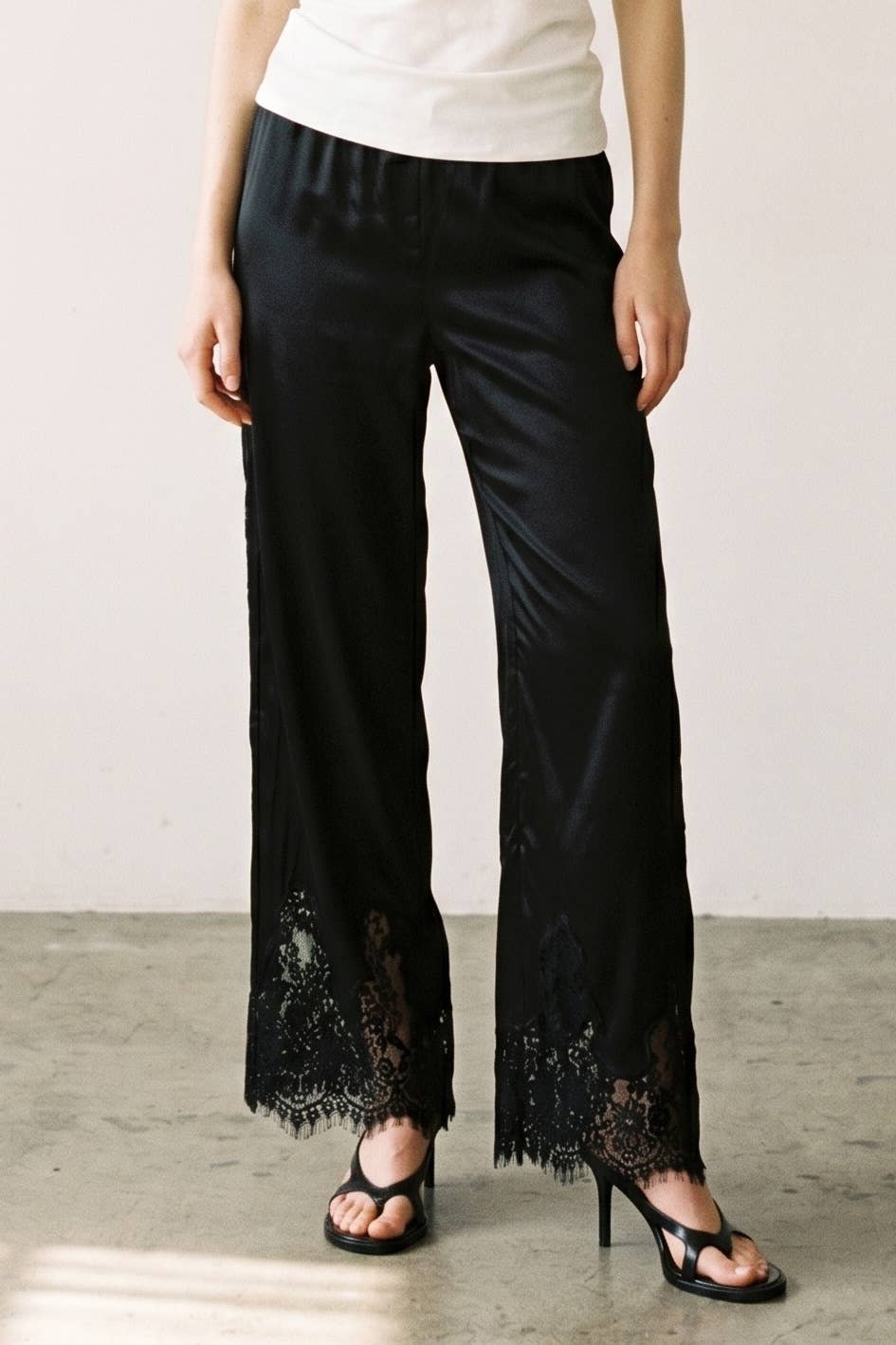 Satin Lace Trim Cropped Pants