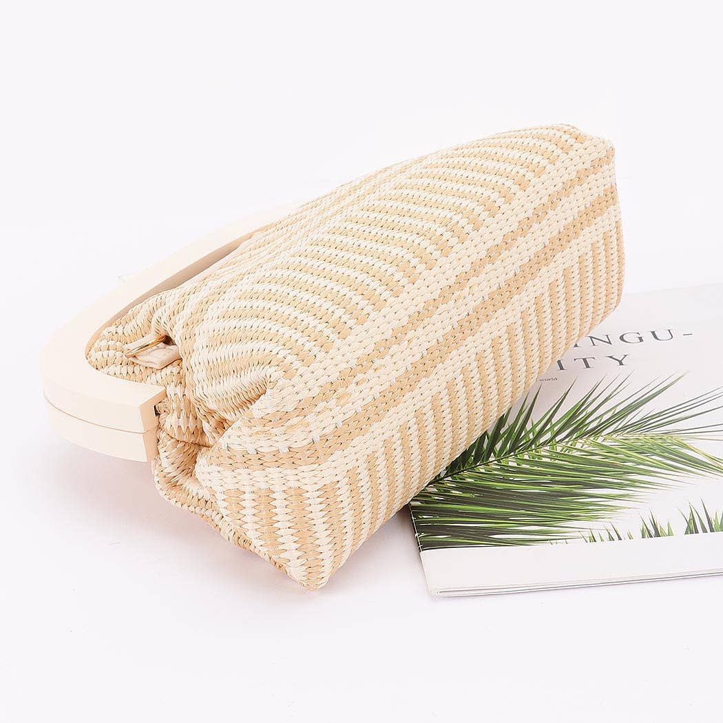 Faux Straw Wood Frame Handle Bag
