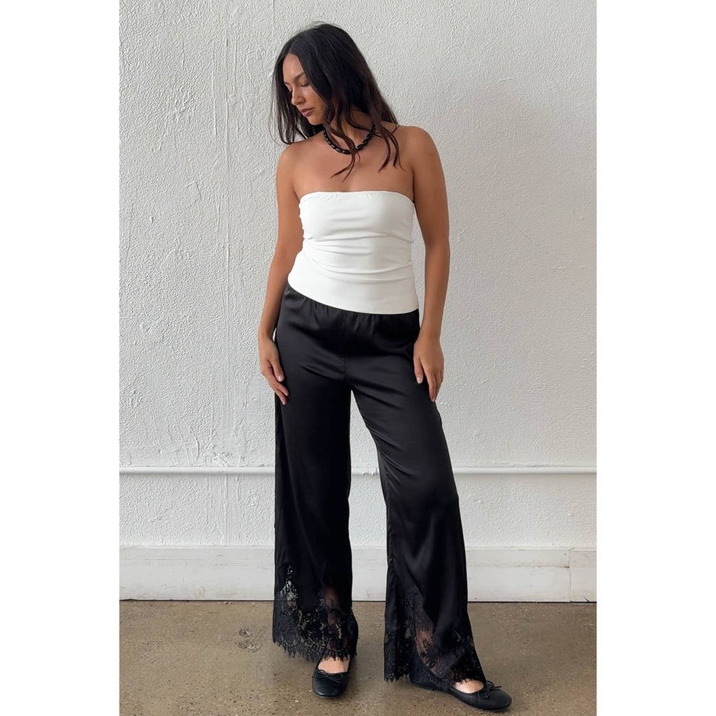 Satin Lace Trim Cropped Pants
