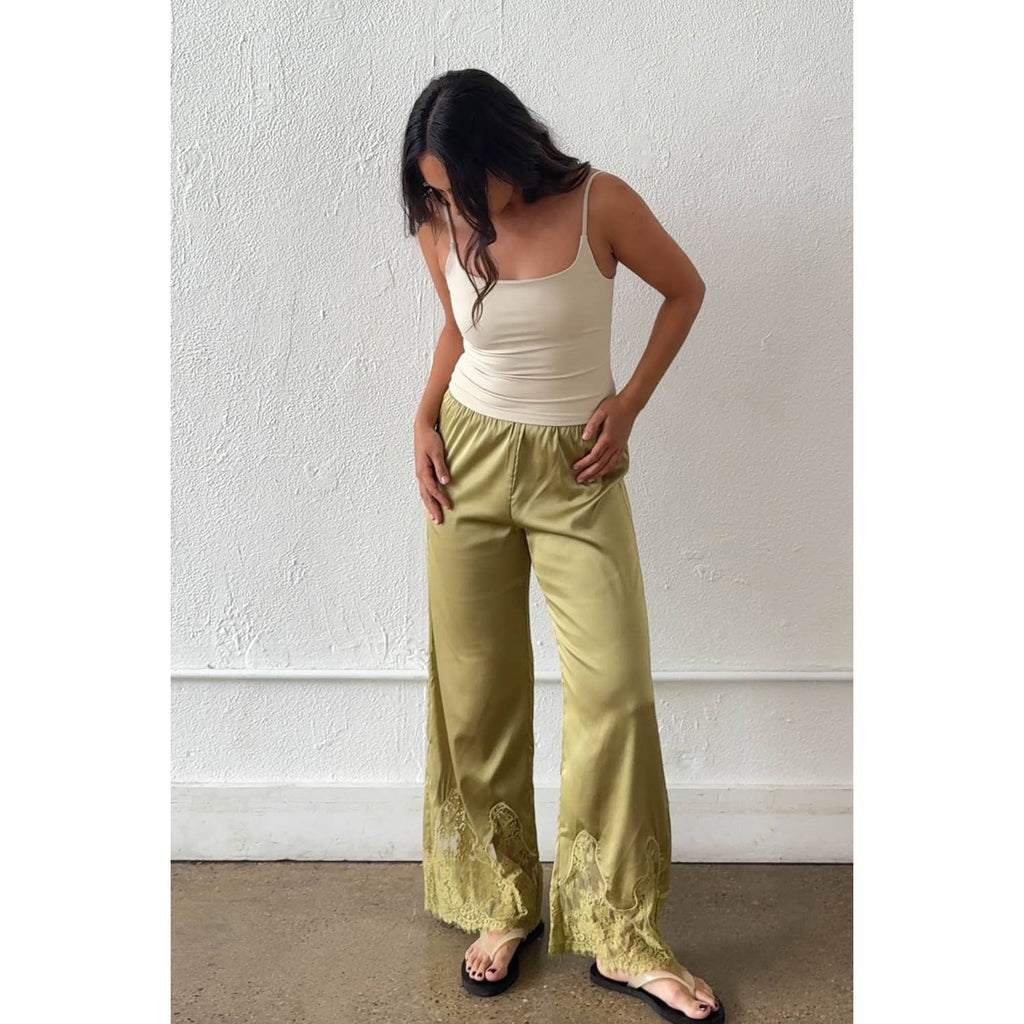 Satin Lace Trim Cropped Pants