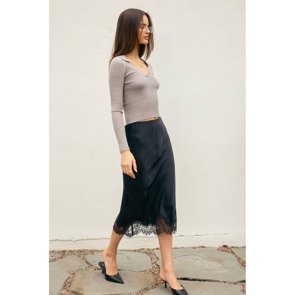 Satin Lace Hem Pencil Skirt