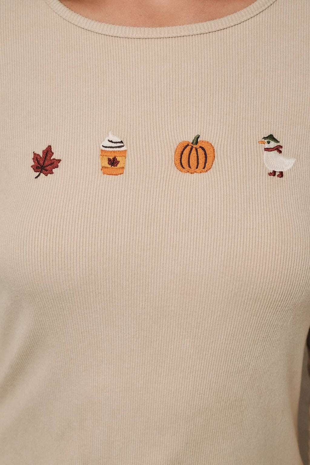 ROUND NECK LONG SLEEVE "FALL THEME" EMBROIDERY RIBBED TOP