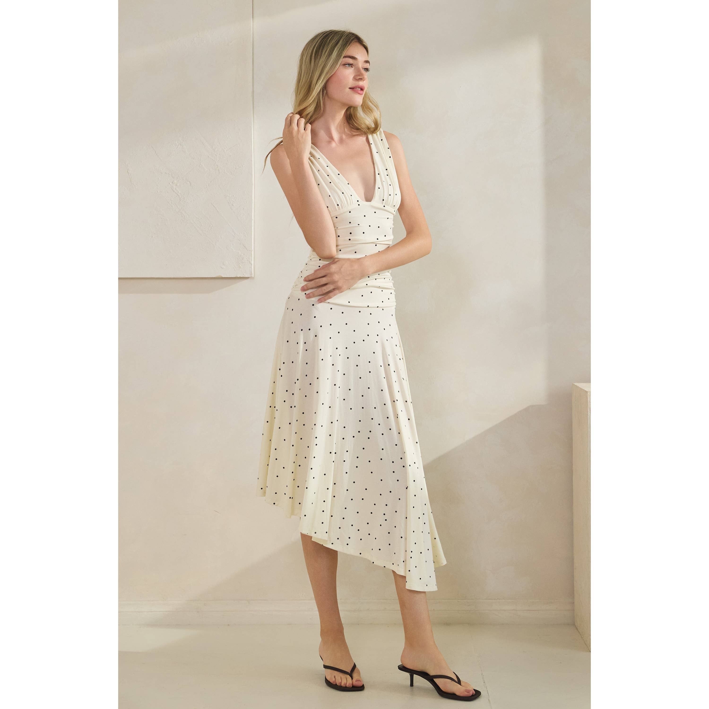 Polka Dot Ruched Asymmetrical Dress