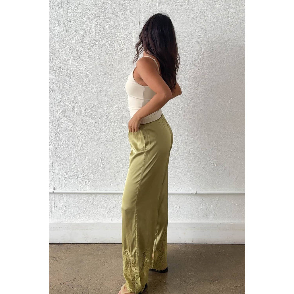 Satin Lace Trim Cropped Pants