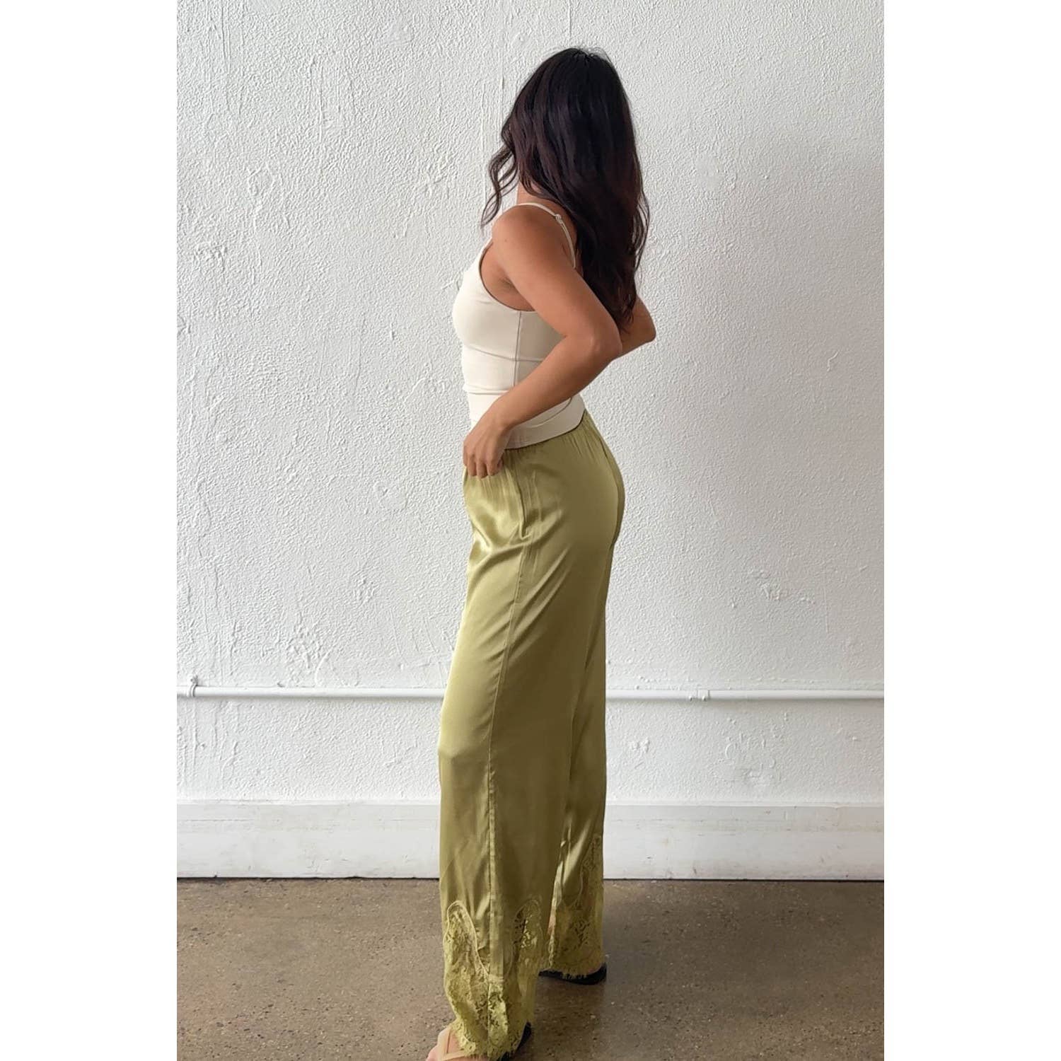 Satin Lace Trim Cropped Pants