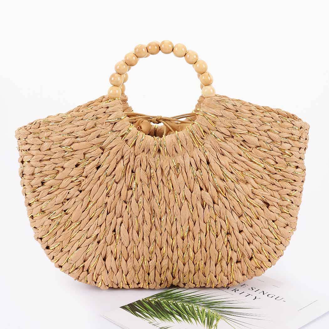 Handmade Faux Straw  Wood Beads Handle Tote Bag
