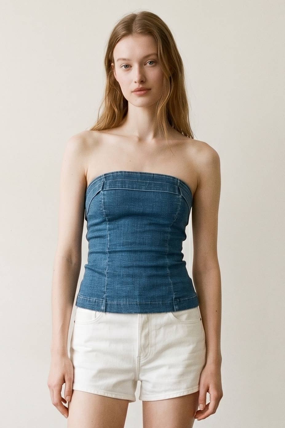 Strapless Lace-Up Back Denim Top