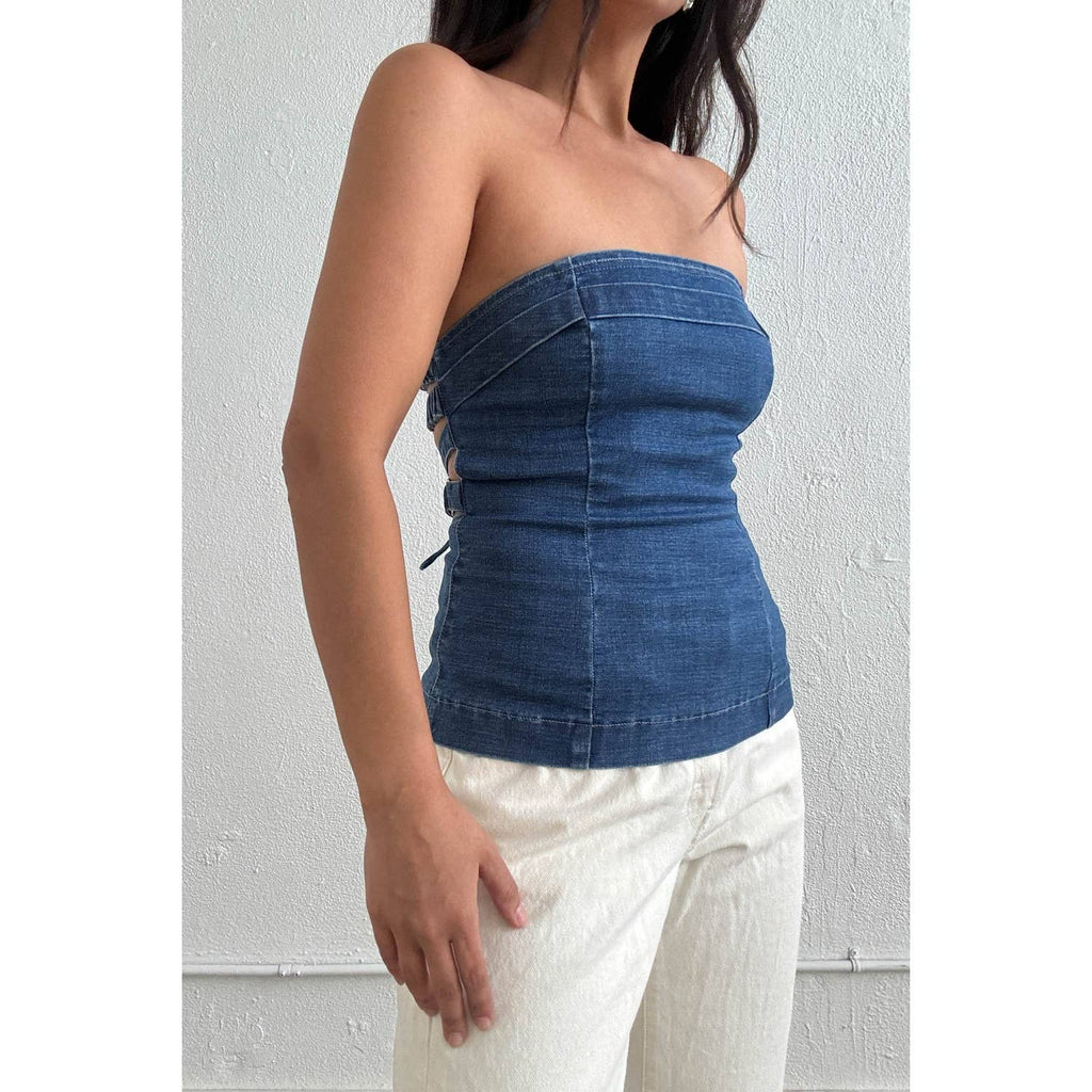 Strapless Lace-Up Back Denim Top