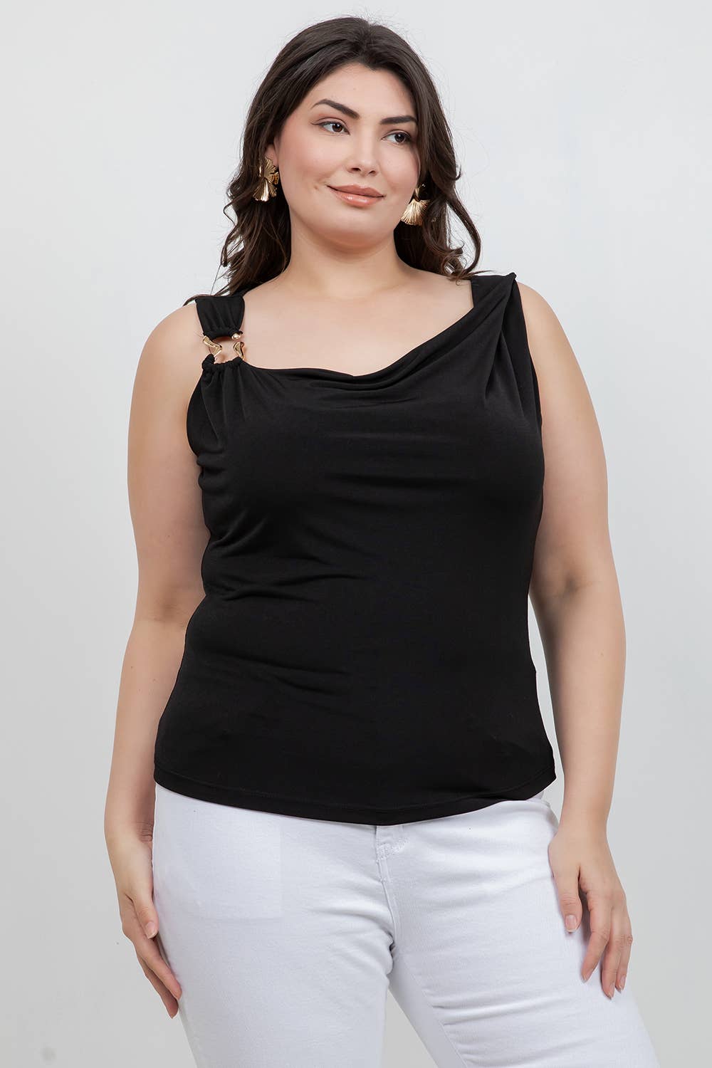 Plus Size One-Shoulder Hardware Detail Top JK19117-T