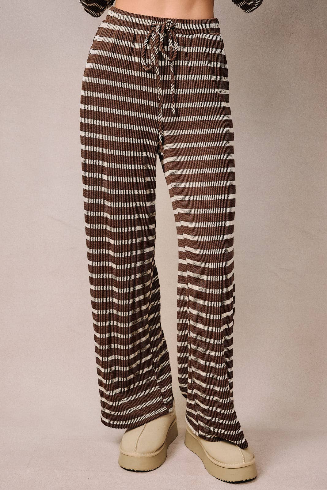 HIGH WAIST ELASTIC BAND DRAWSTRING STRIPE PANTS