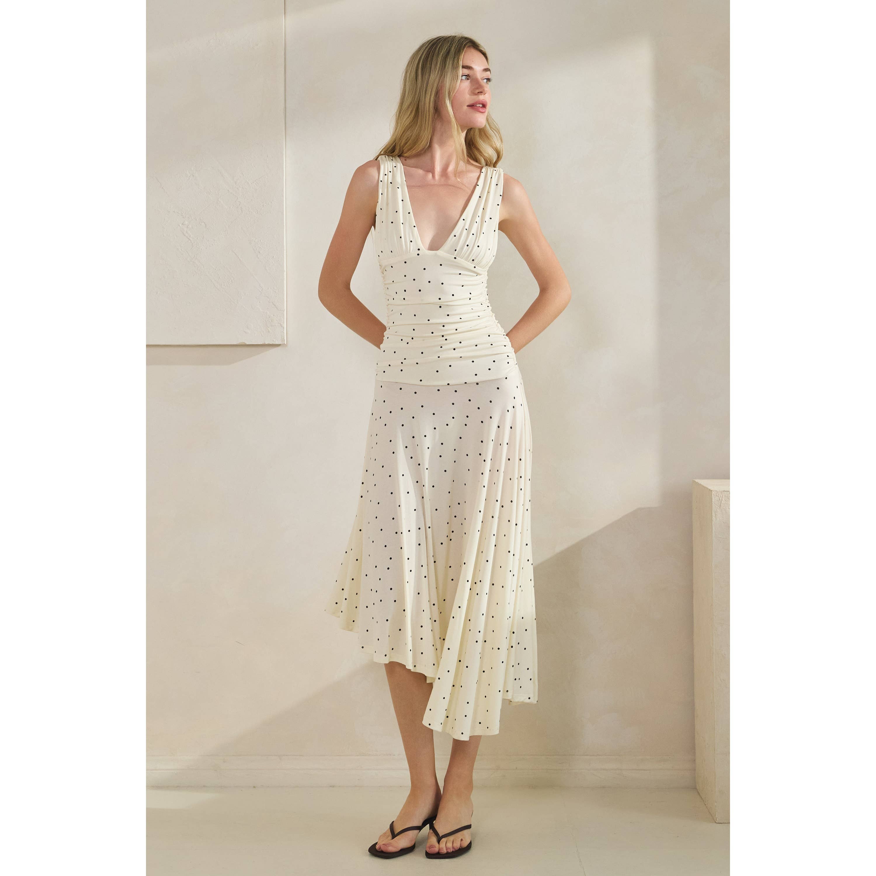 Polka Dot Ruched Asymmetrical Dress