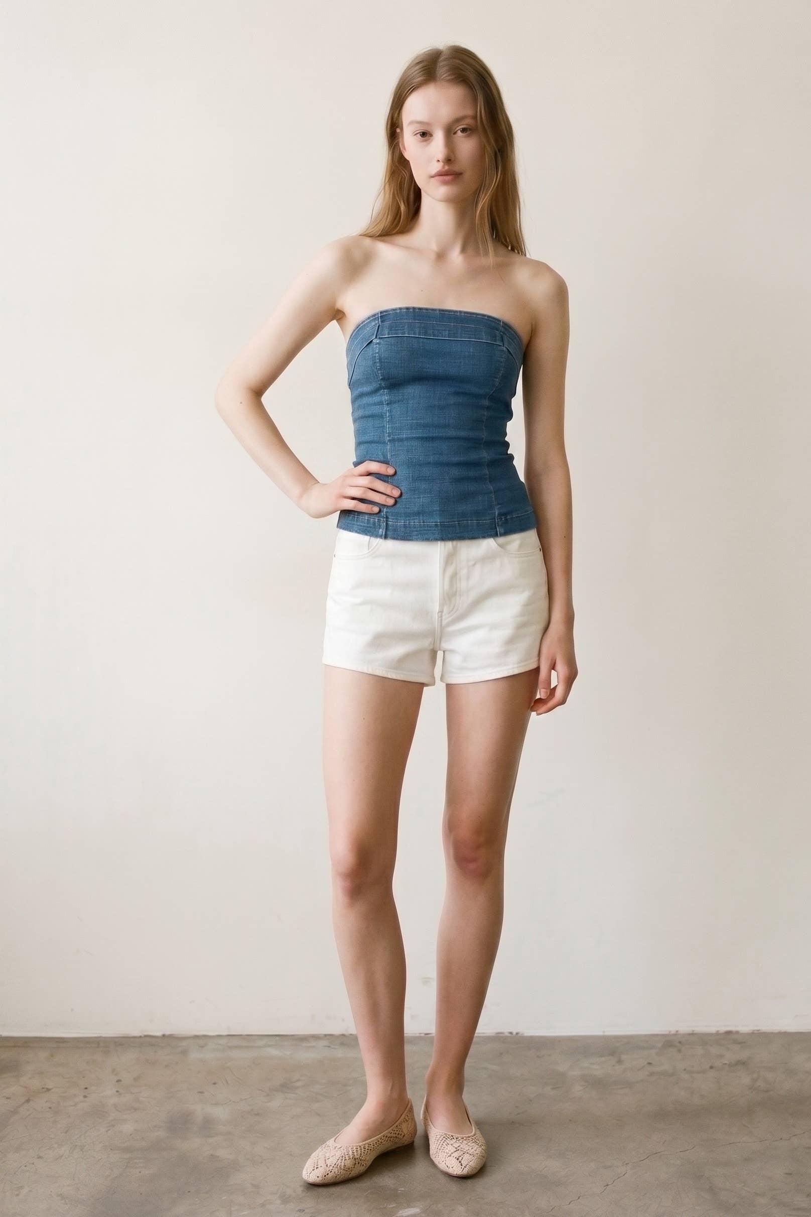 Strapless Lace-Up Back Denim Top