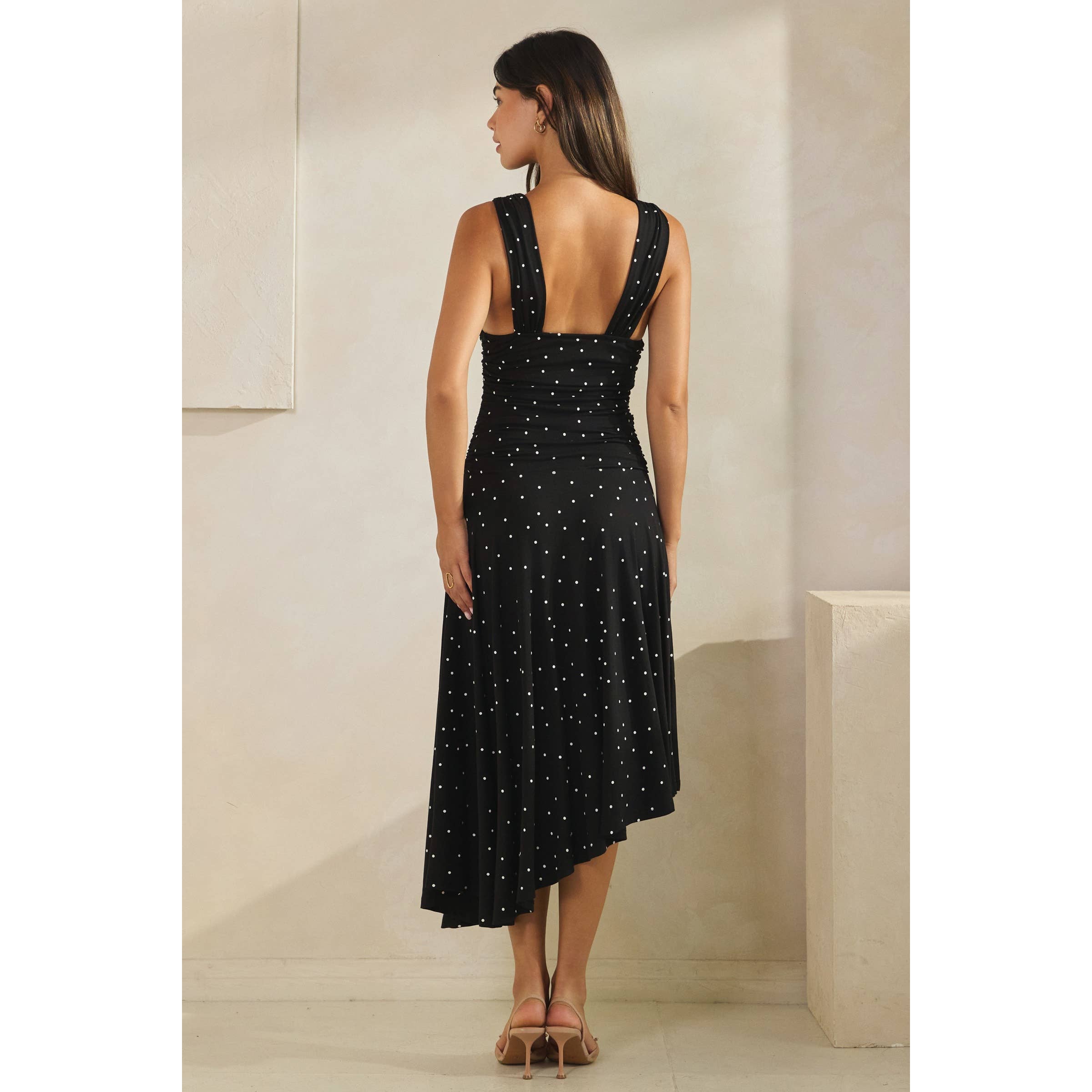 Polka Dot Ruched Asymmetrical Dress