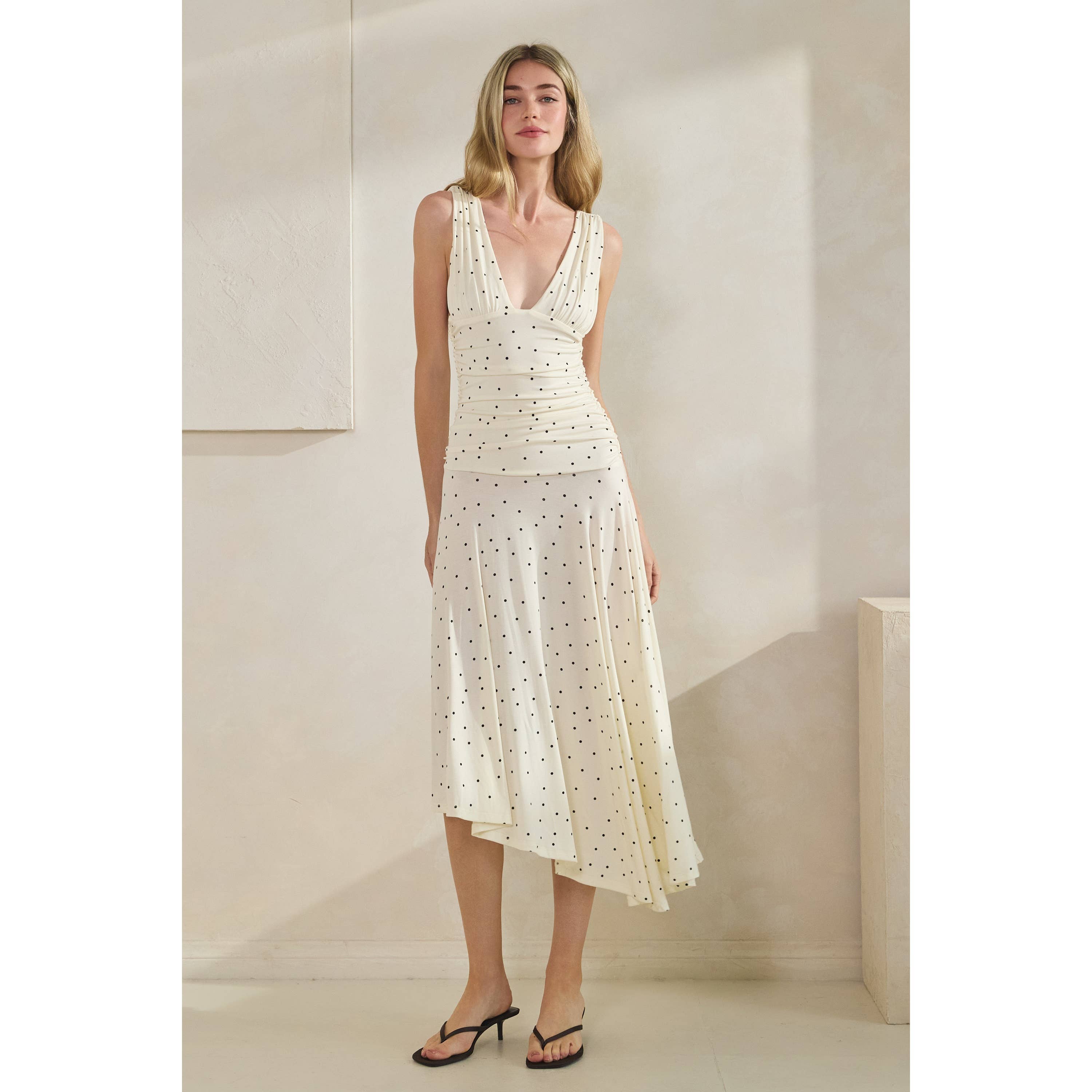 Polka Dot Ruched Asymmetrical Dress