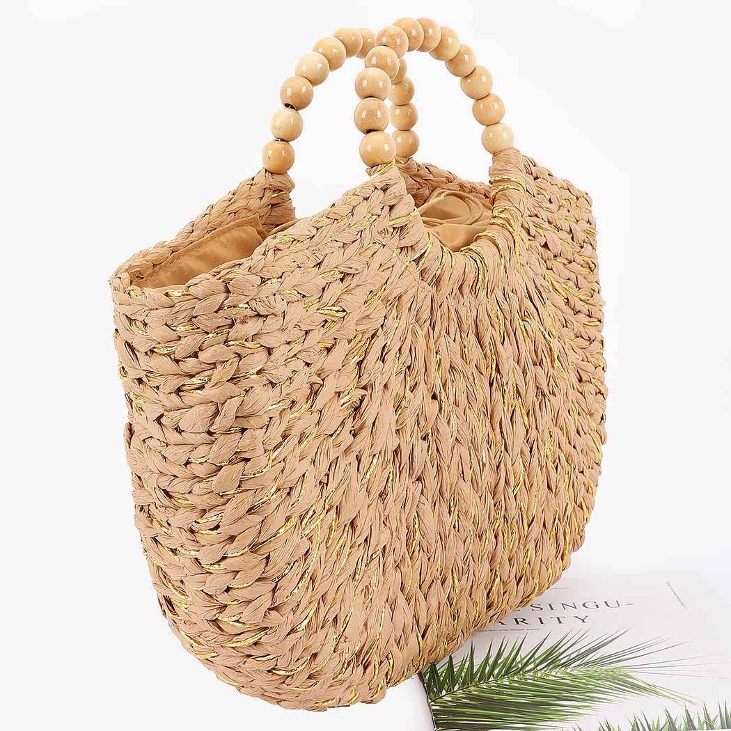Handmade Faux Straw  Wood Beads Handle Tote Bag