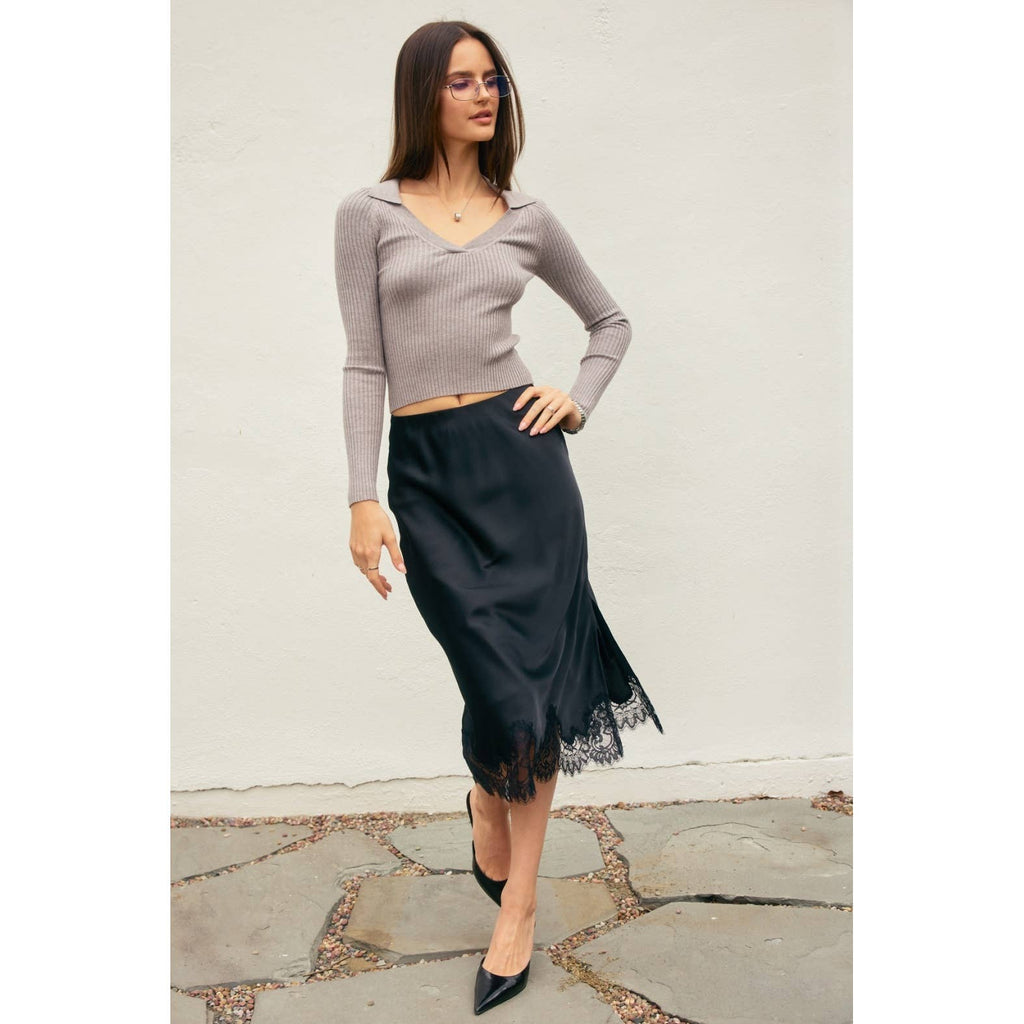 Satin Lace Hem Pencil Skirt