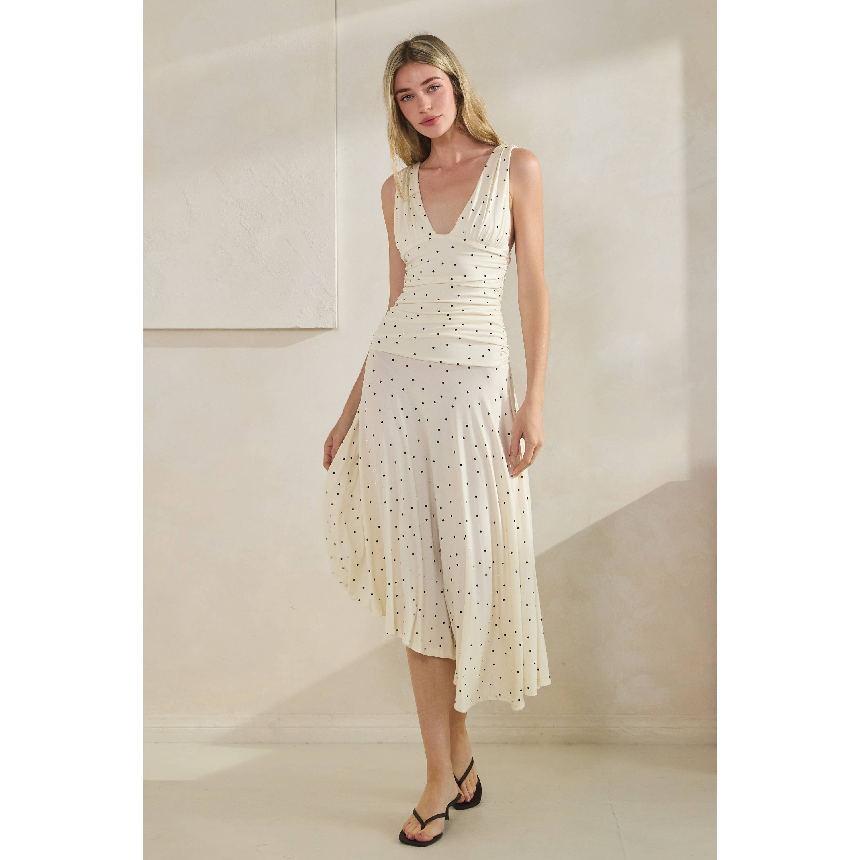 Polka Dot Ruched Asymmetrical Dress