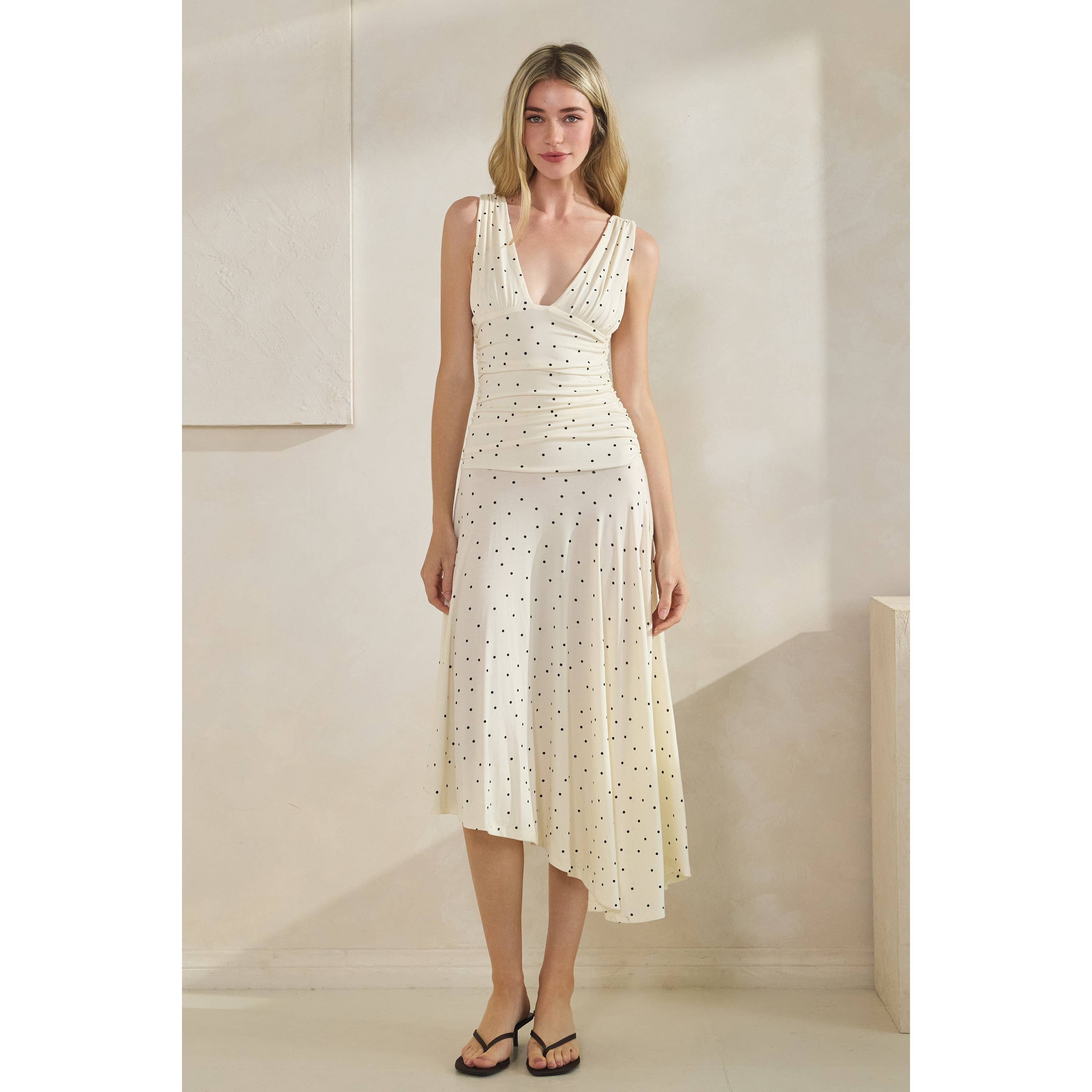 Polka Dot Ruched Asymmetrical Dress