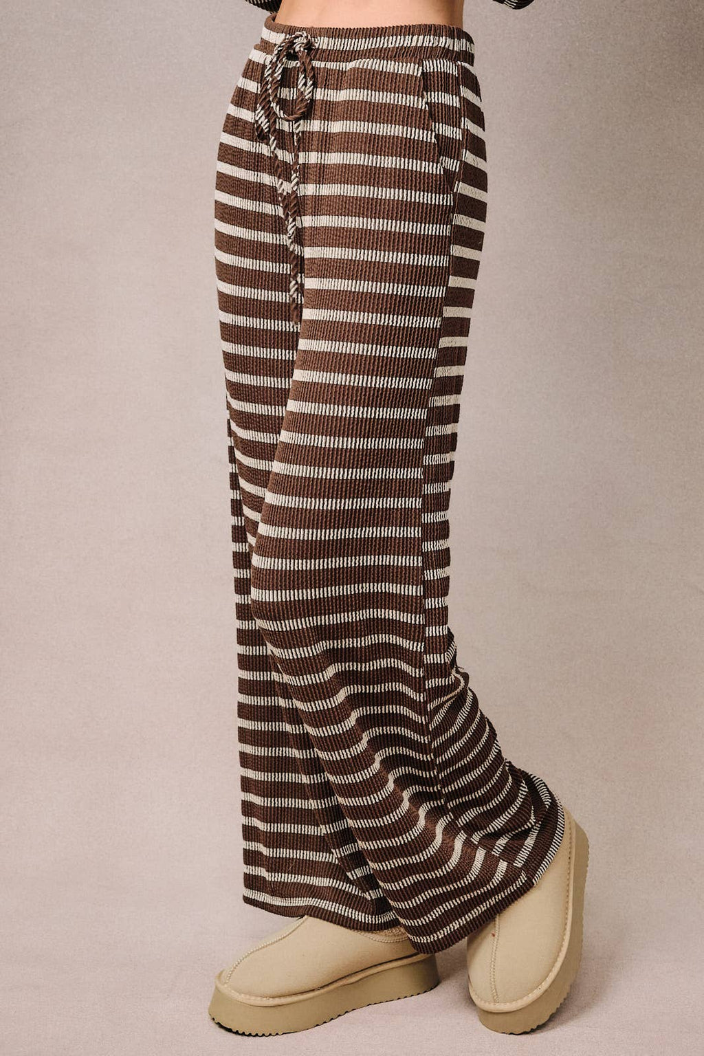 HIGH WAIST ELASTIC BAND DRAWSTRING STRIPE PANTS