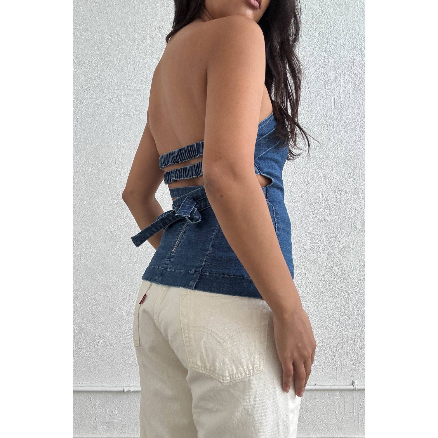Strapless Lace-Up Back Denim Top