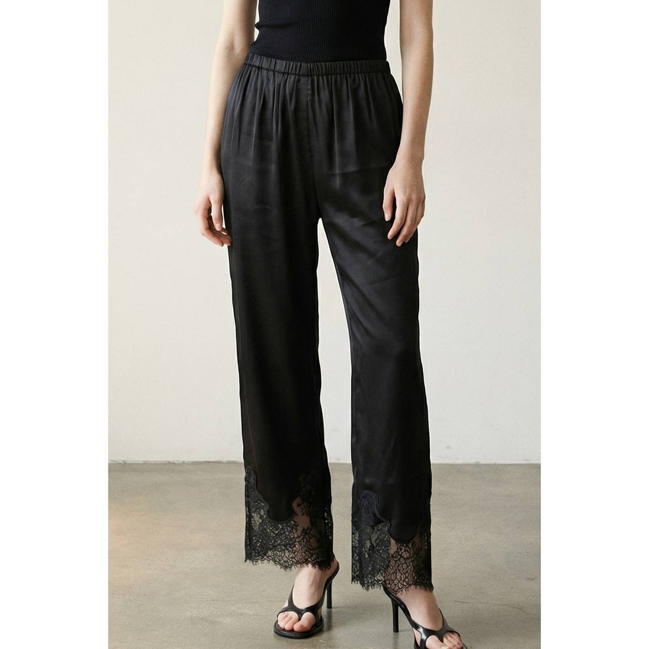 Satin Lace Trim Cropped Pants