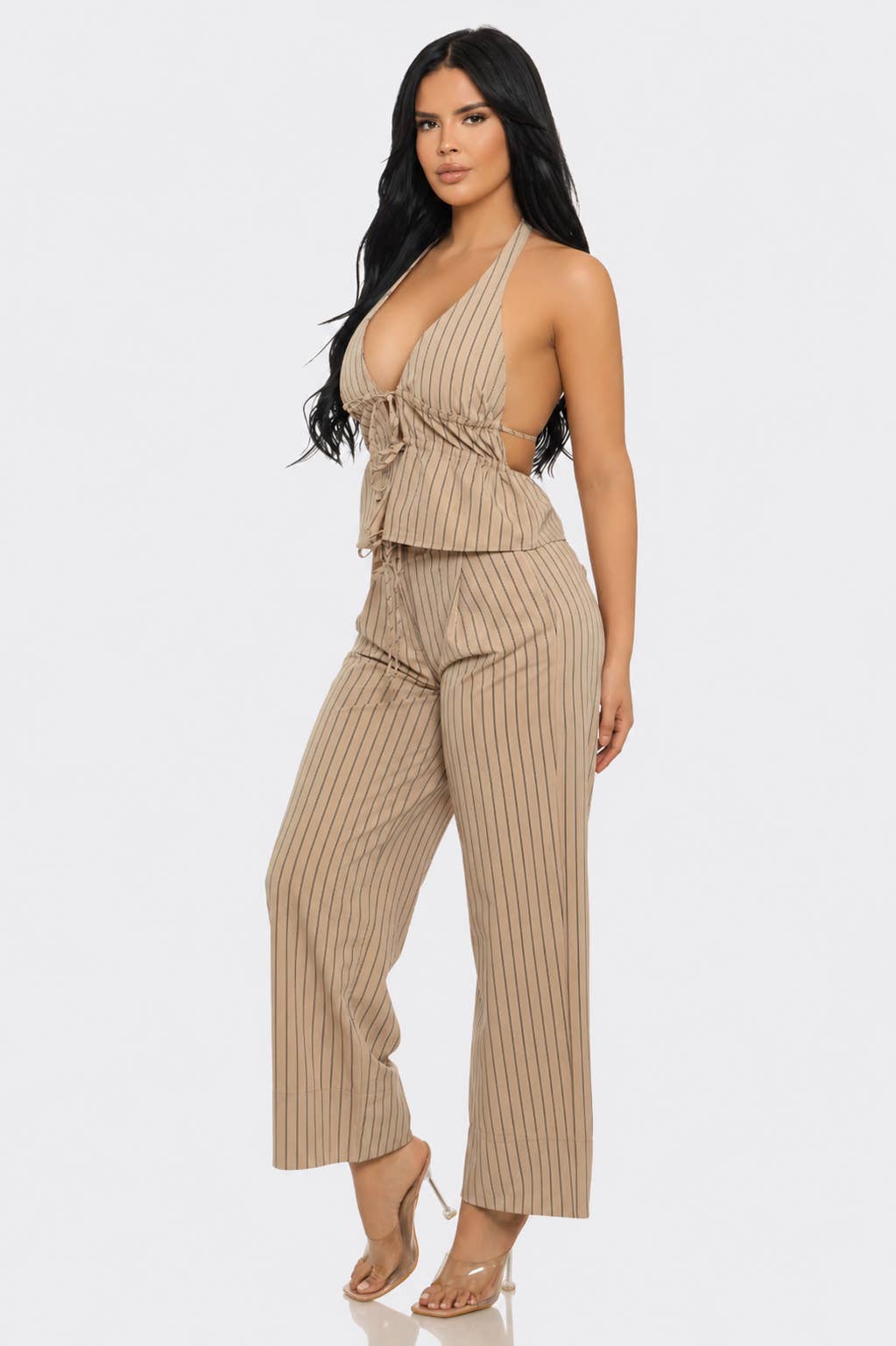 Stripe Spaghetti Tie Open Back Halter Neck Top Pants Set