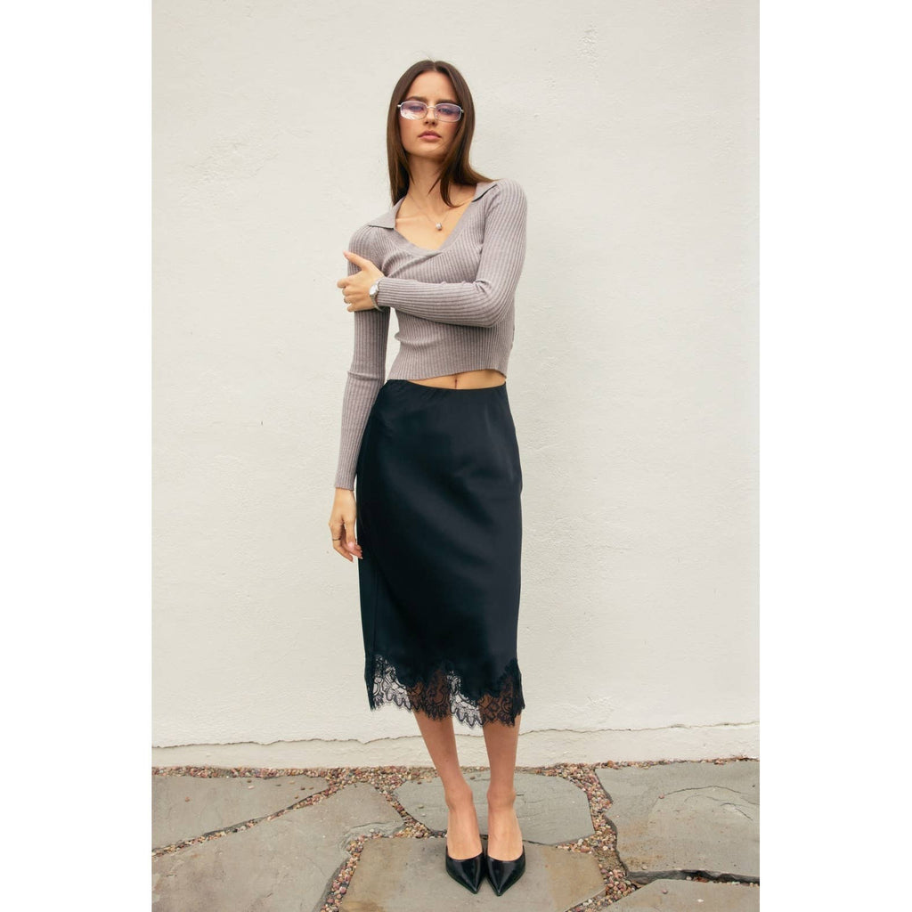 Satin Lace Hem Pencil Skirt
