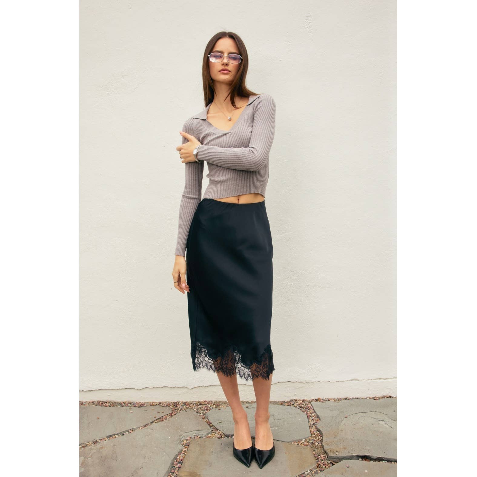 Satin Lace Hem Pencil Skirt