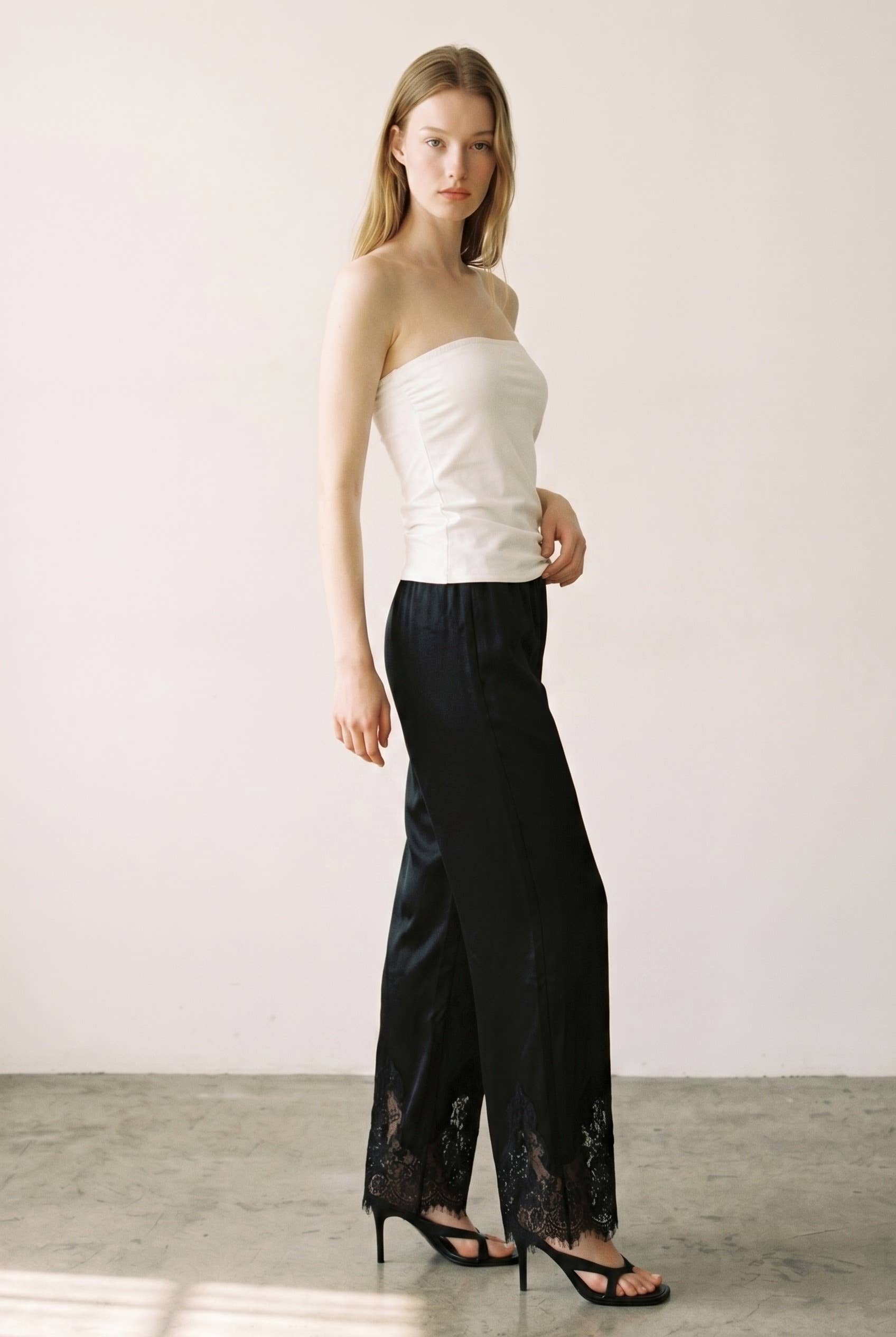 Satin Lace Trim Cropped Pants