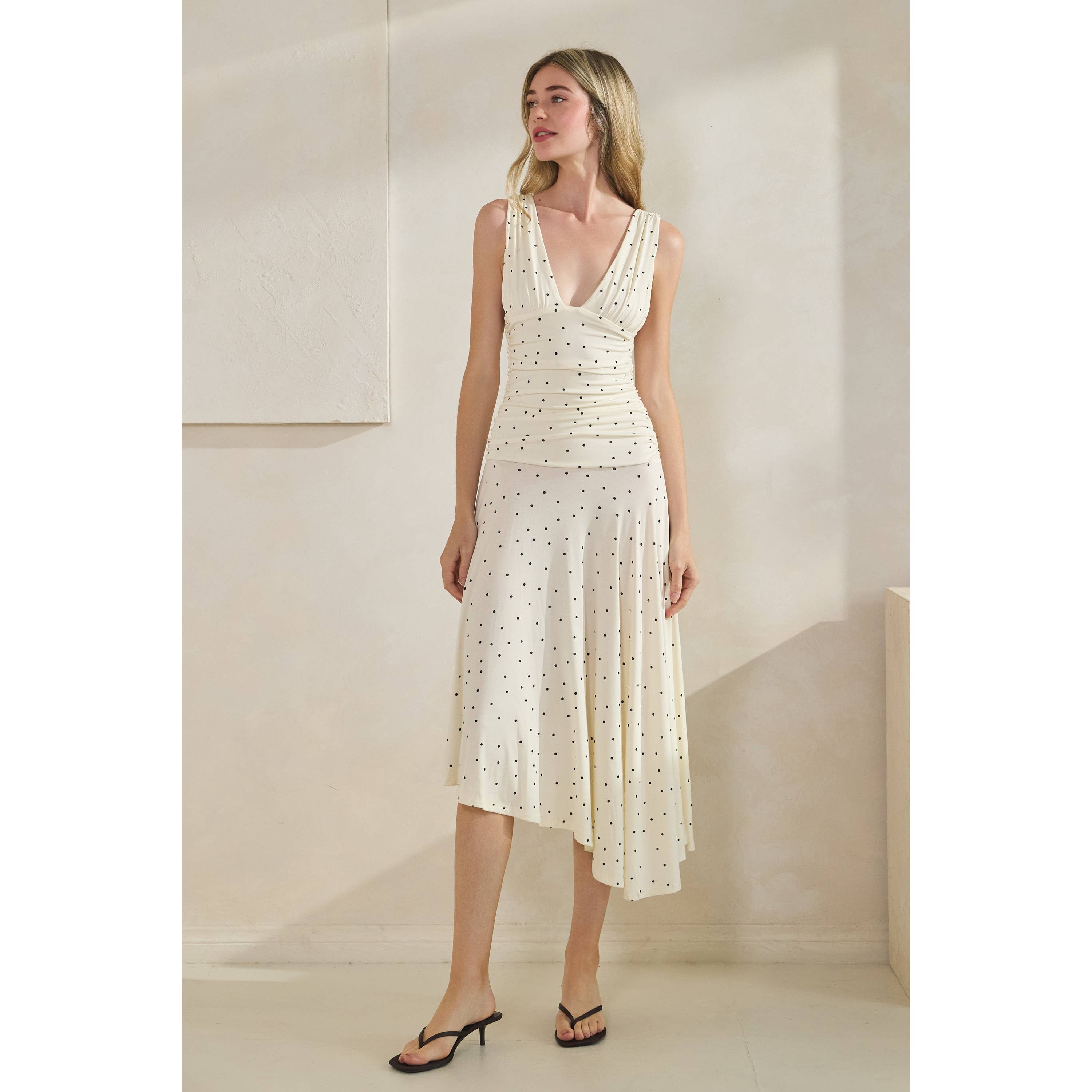 Polka Dot Ruched Asymmetrical Dress