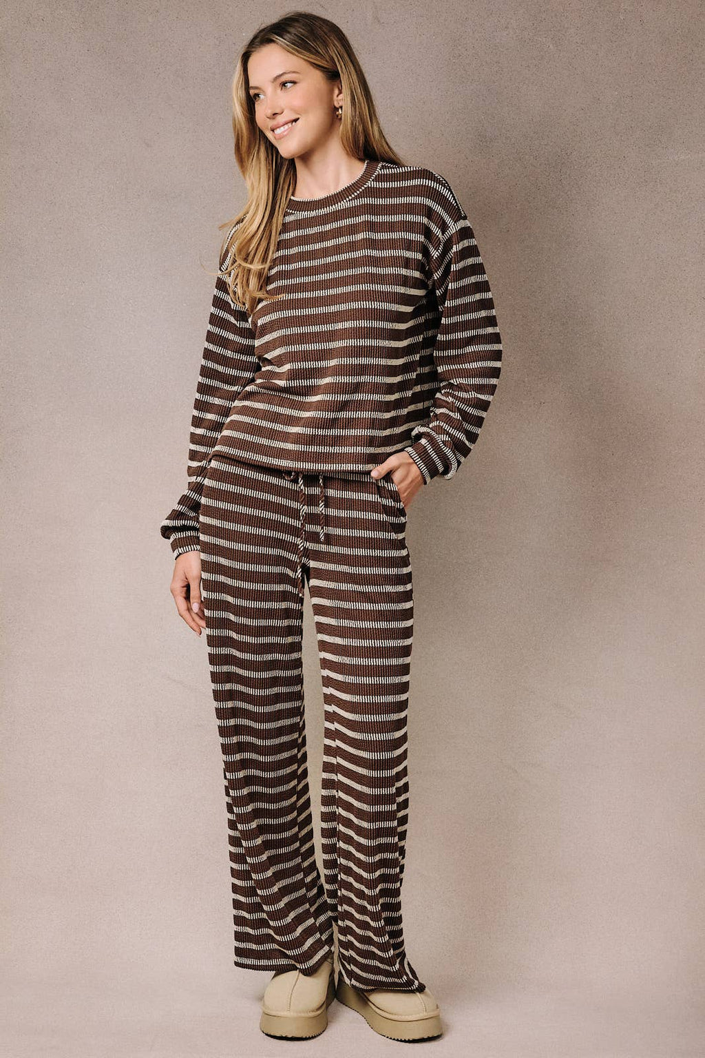 HIGH WAIST ELASTIC BAND DRAWSTRING STRIPE PANTS