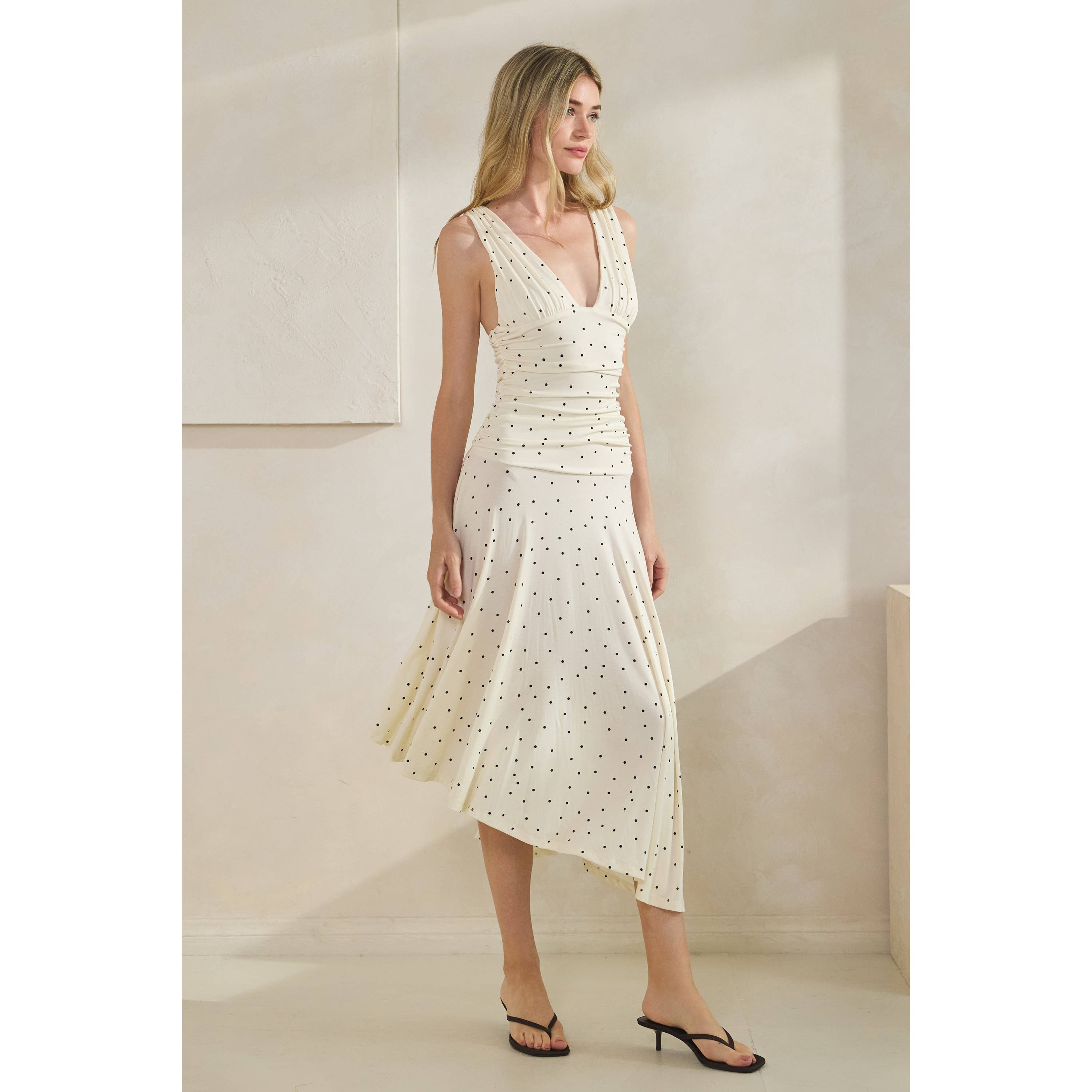 Polka Dot Ruched Asymmetrical Dress