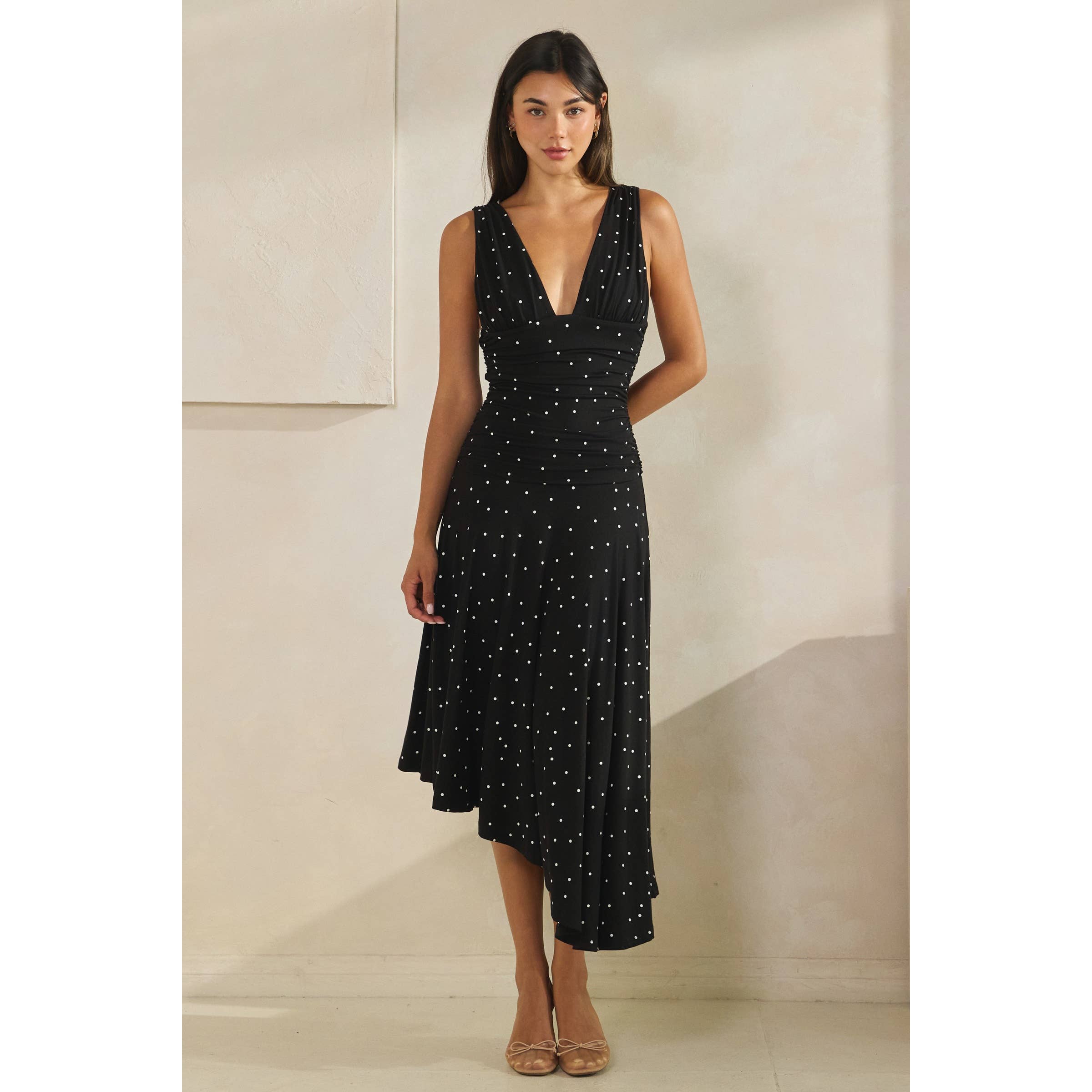 Polka Dot Ruched Asymmetrical Dress