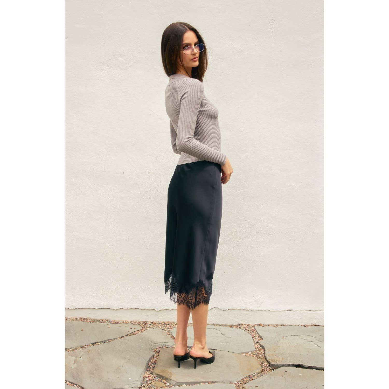 Satin Lace Hem Pencil Skirt