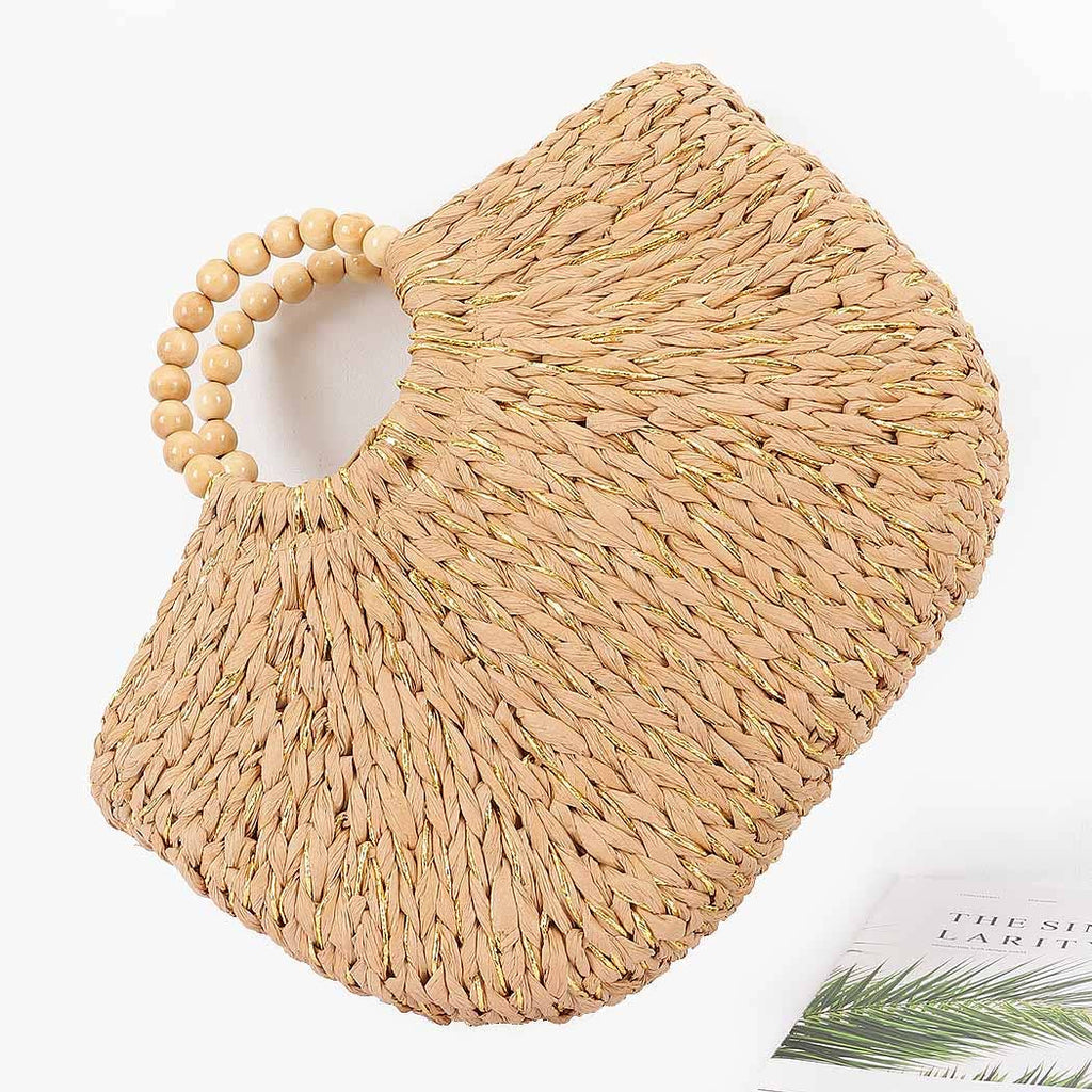 Handmade Faux Straw  Wood Beads Handle Tote Bag