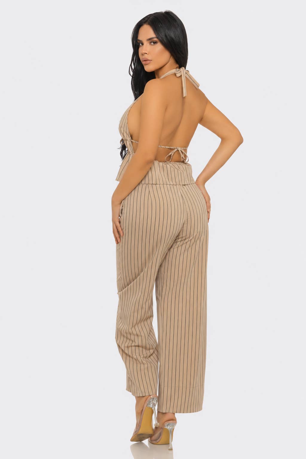 Stripe Spaghetti Tie Open Back Halter Neck Top Pants Set