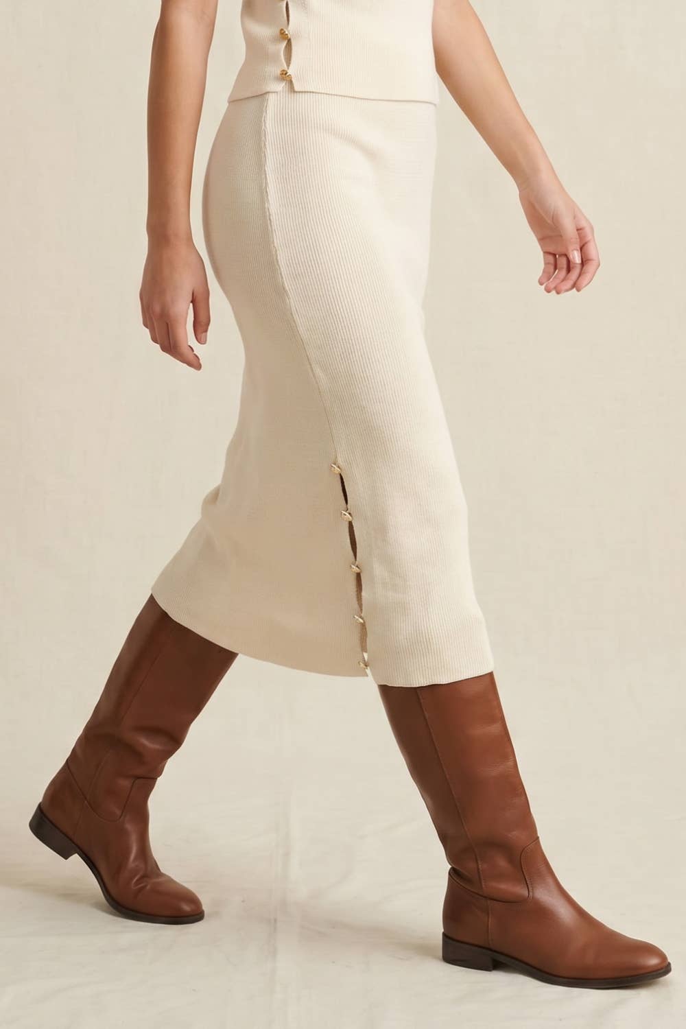 Knit Midi Skirt with Side Gold Buttons