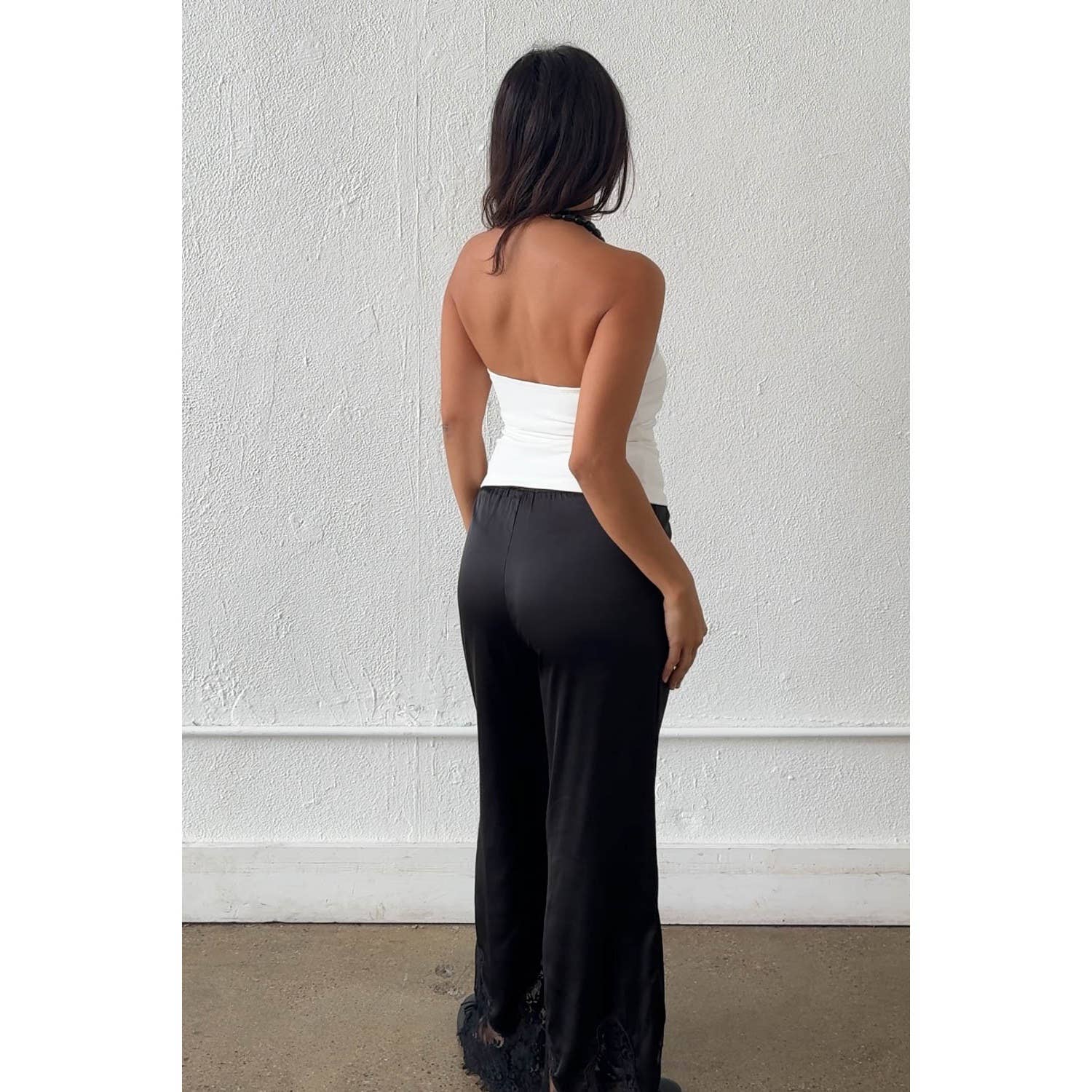 Satin Lace Trim Cropped Pants