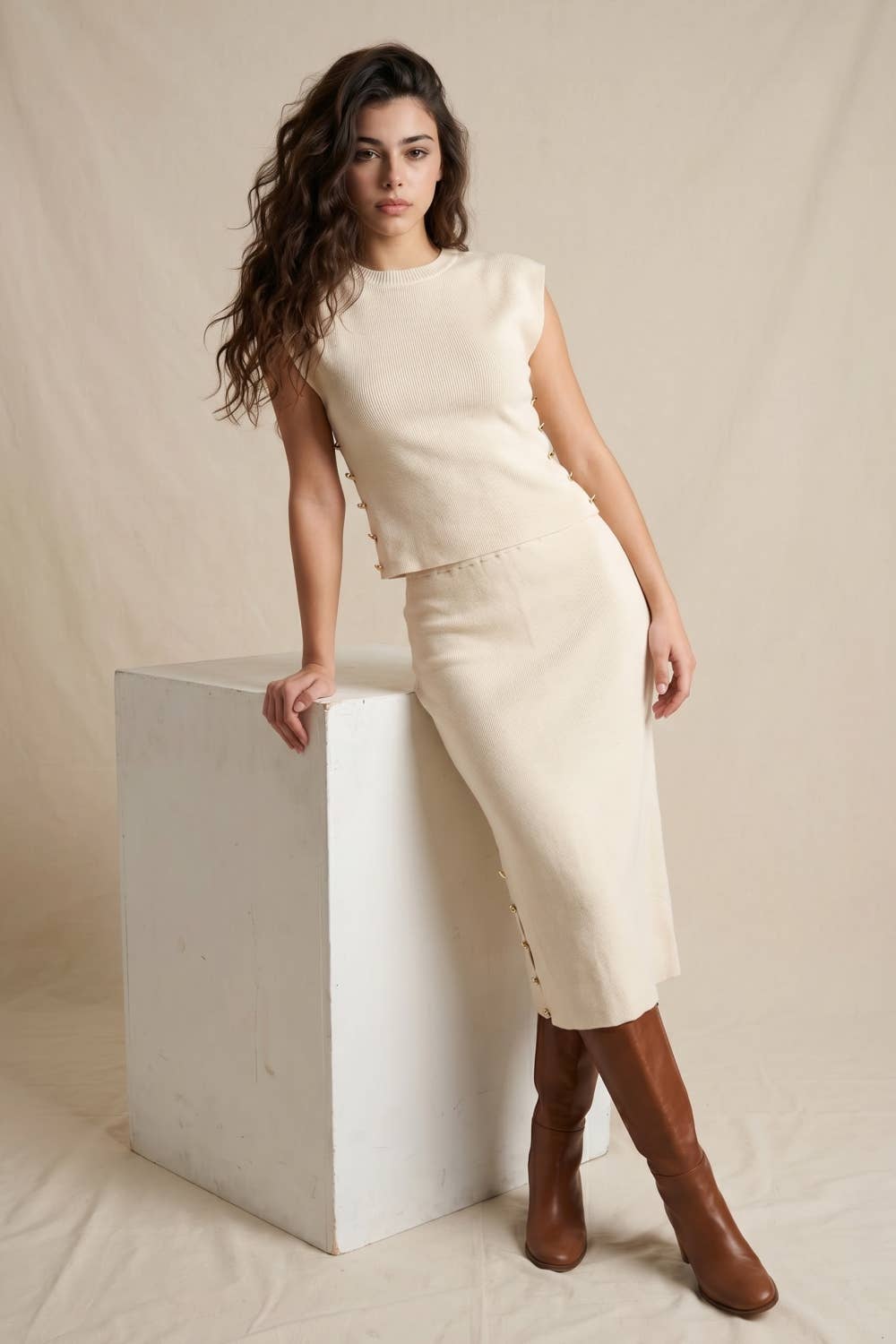 Knit Midi Skirt with Side Gold Buttons