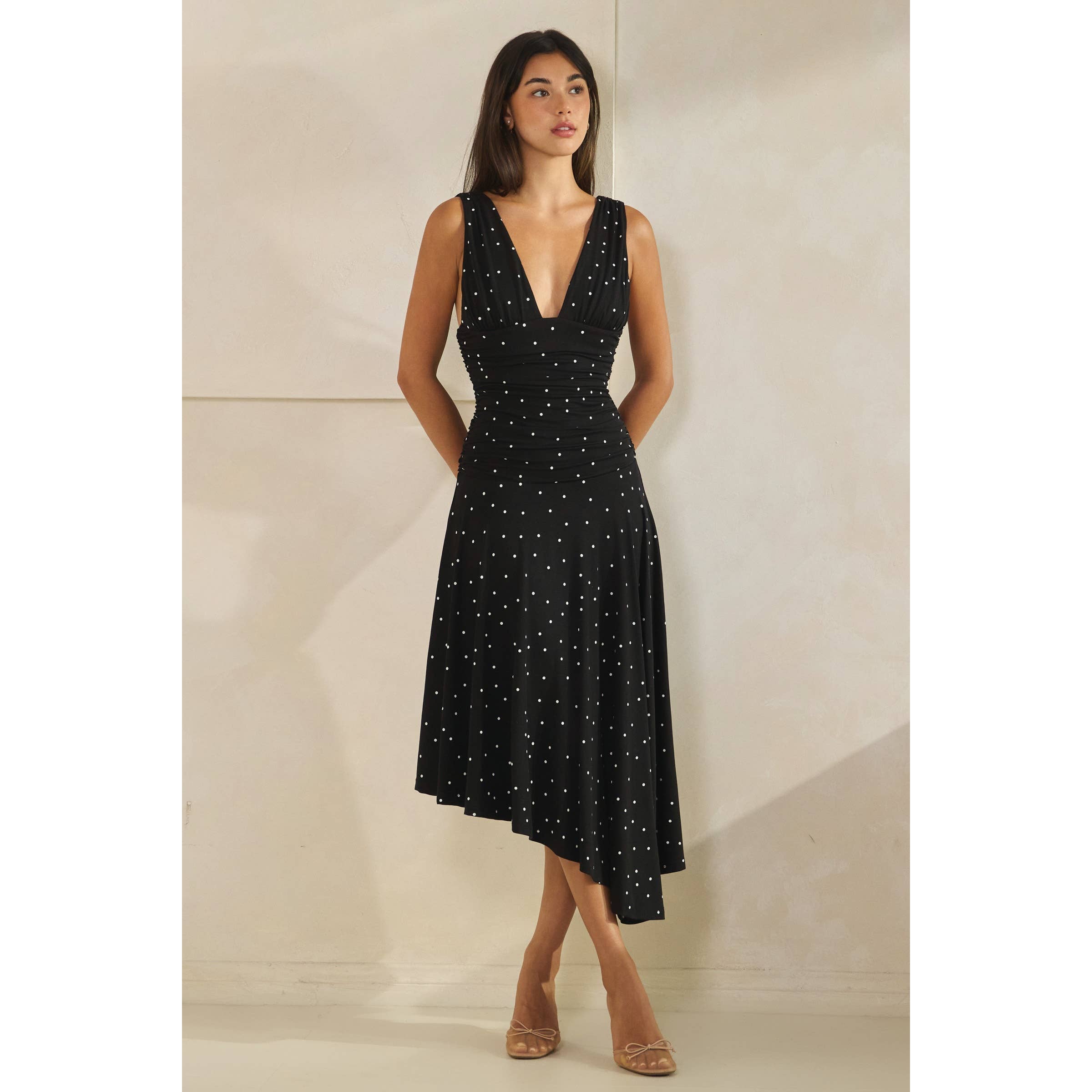 Polka Dot Ruched Asymmetrical Dress