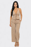 Stripe Spaghetti Tie Open Back Halter Neck Top Pants Set